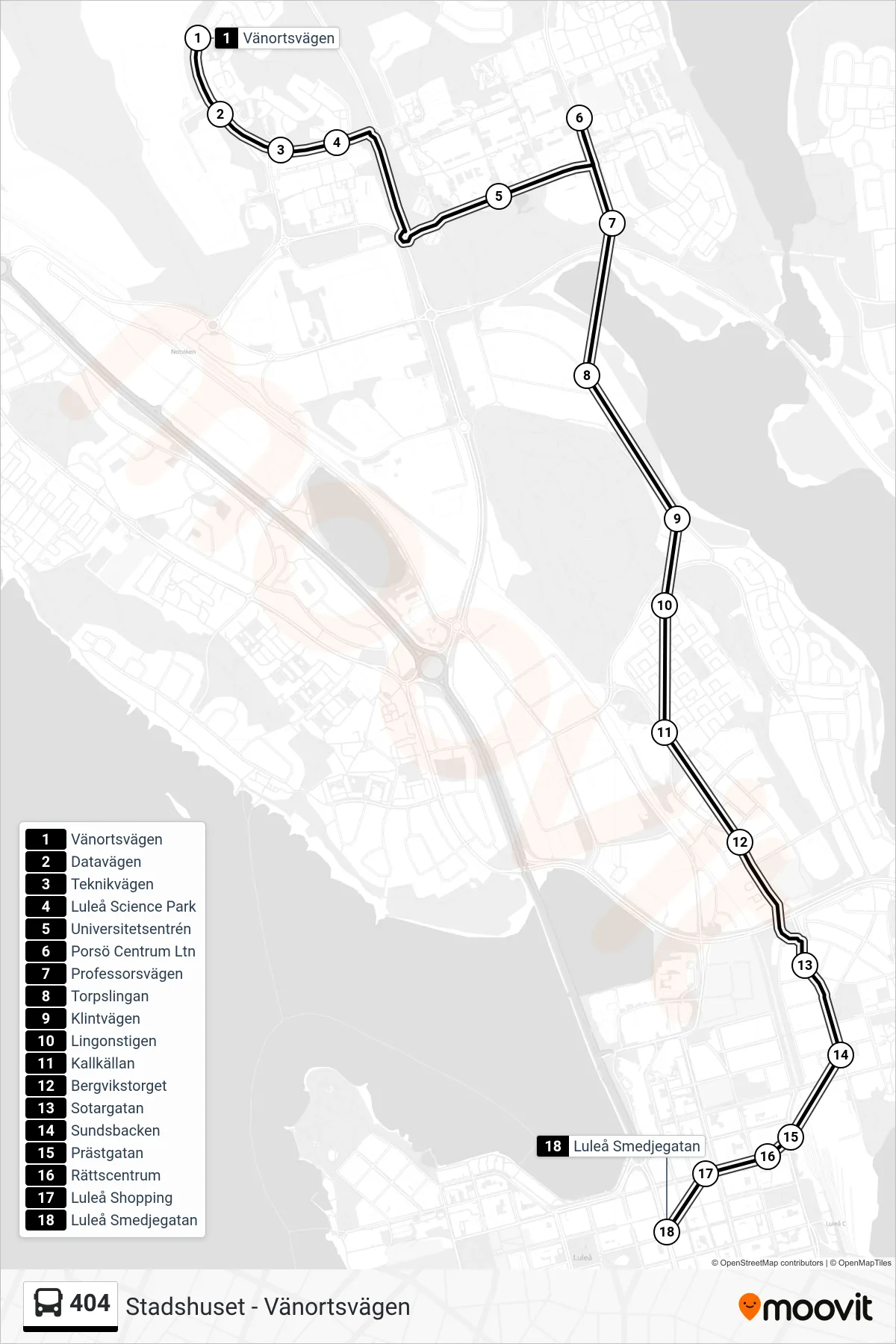 Rutt och hållplatser på karta för linje 404  spårvagn, (Luleå Smedjegatan)