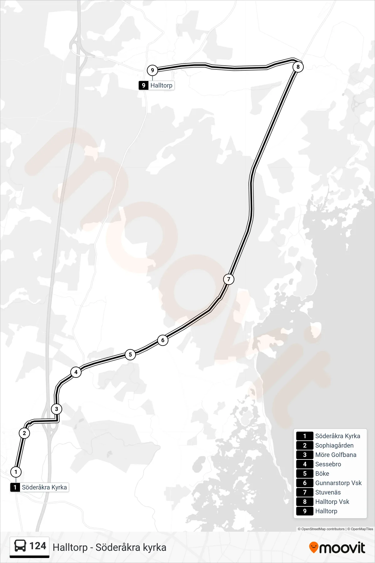 Rutt och hållplatser på karta för linje 124 spårvagn, (Halltorp)
