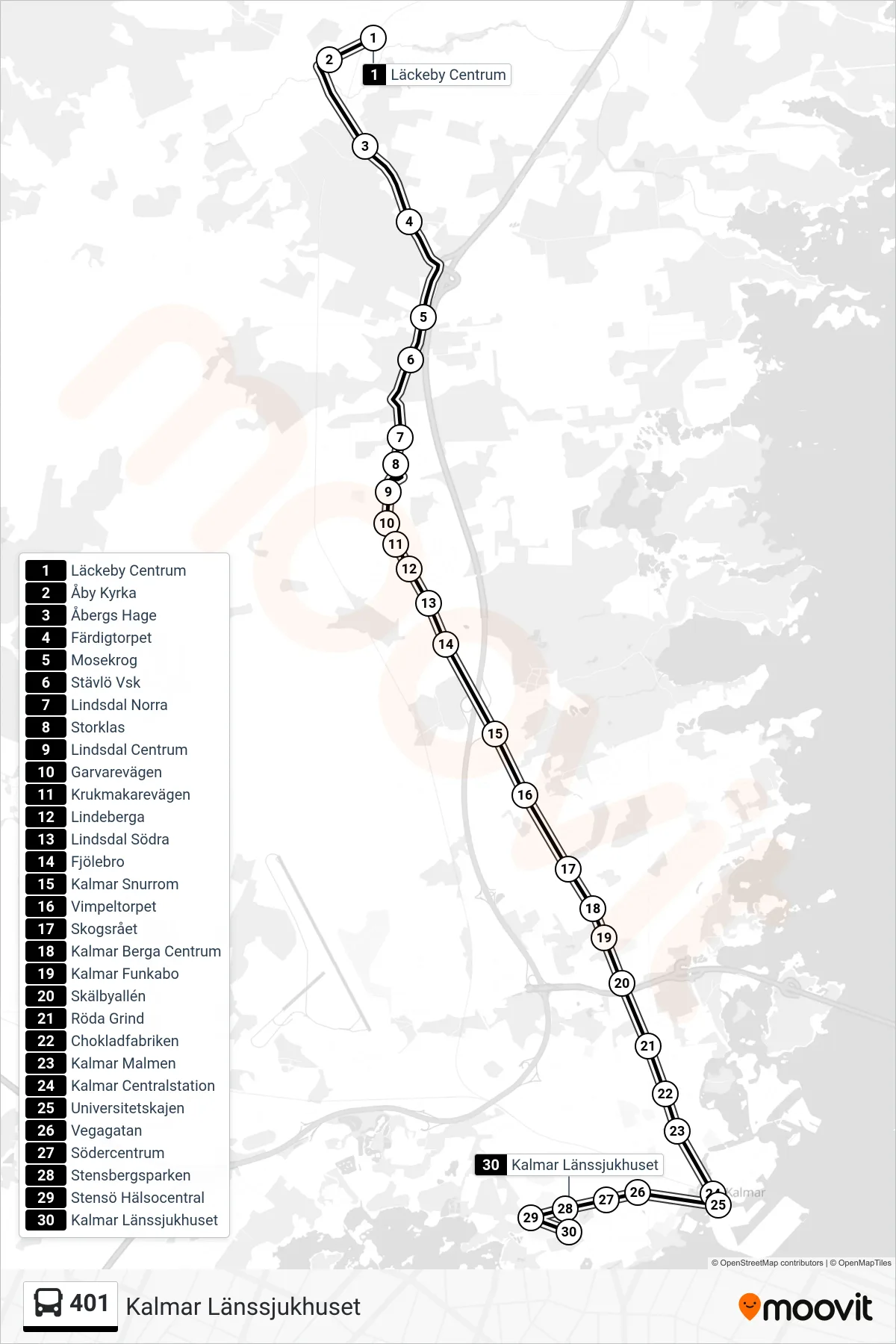 Rutt och hållplatser på karta för linje 401 spårvagn, (Kalmar Länssjukhuset)