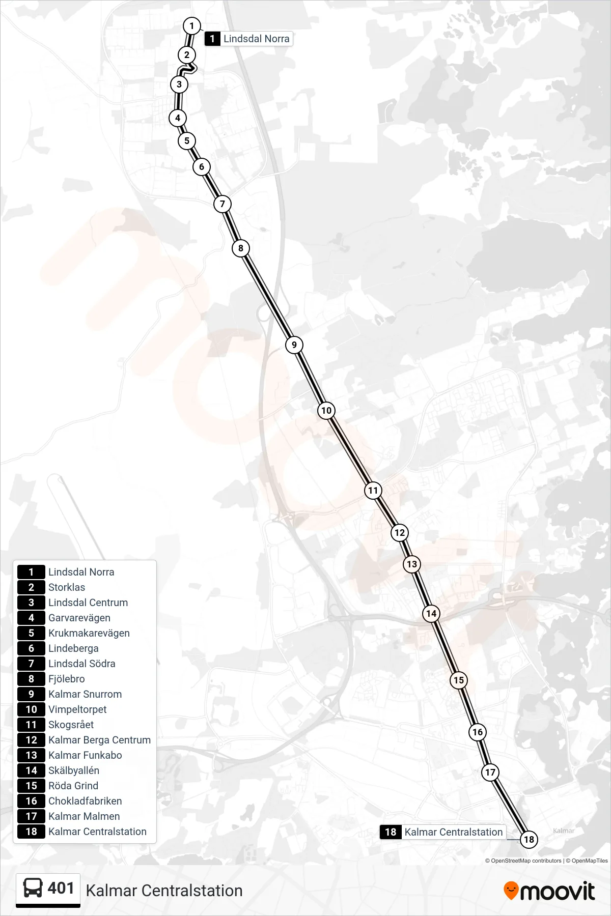 Rutt och hållplatser på karta för linje 401 spårvagn, (Kalmar Centralstation)