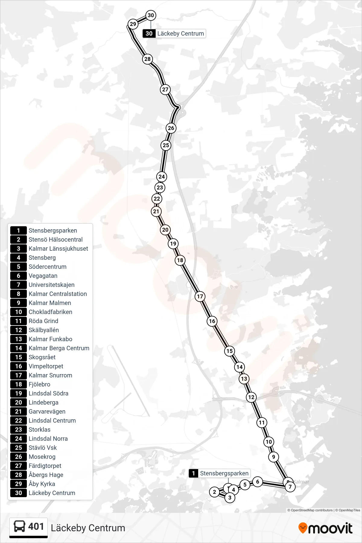 Rutt och hållplatser på karta för linje 401 spårvagn, (Läckeby Centrum)