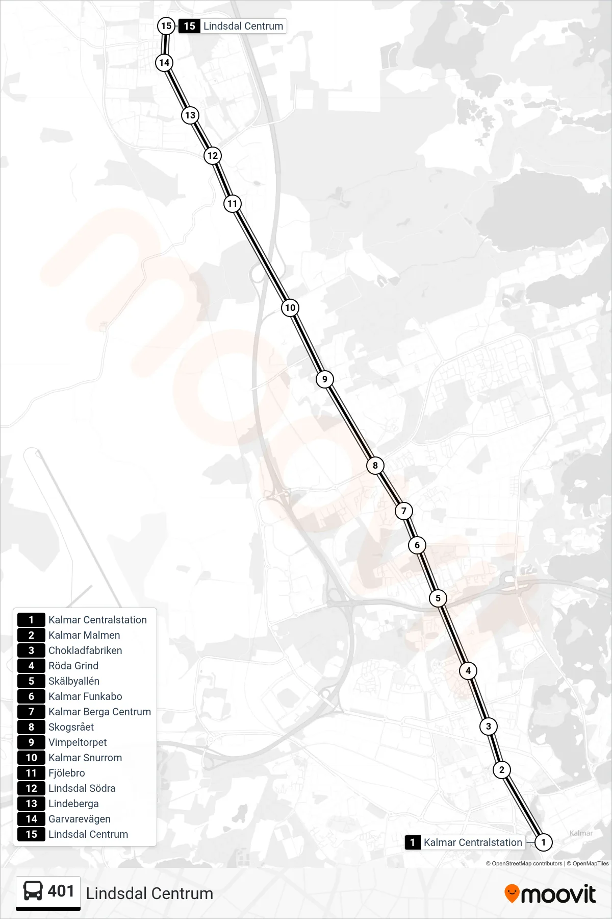 Rutt och hållplatser på karta för linje 401 spårvagn, (Lindsdal Centrum)
