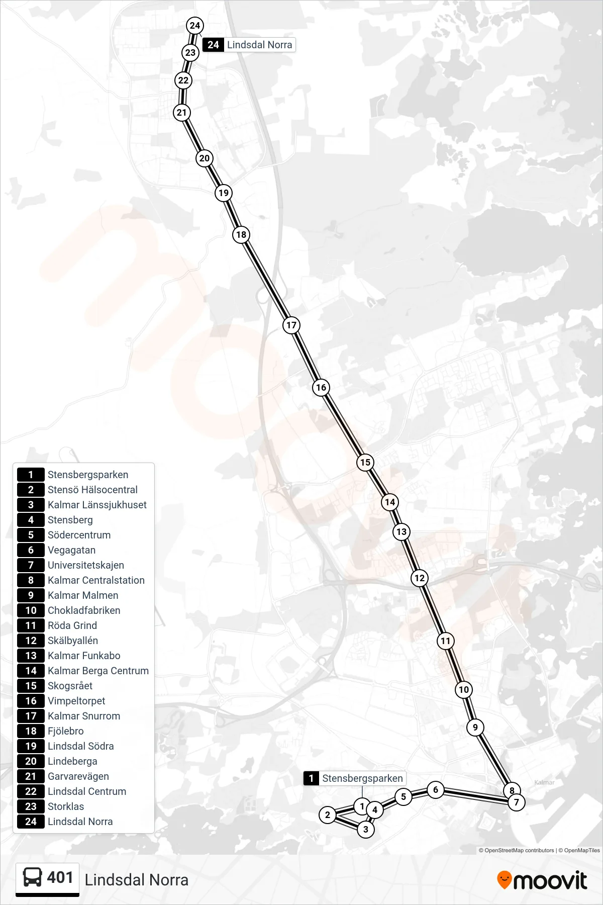 Rutt och hållplatser på karta för linje 401 spårvagn, (Lindsdal Norra)