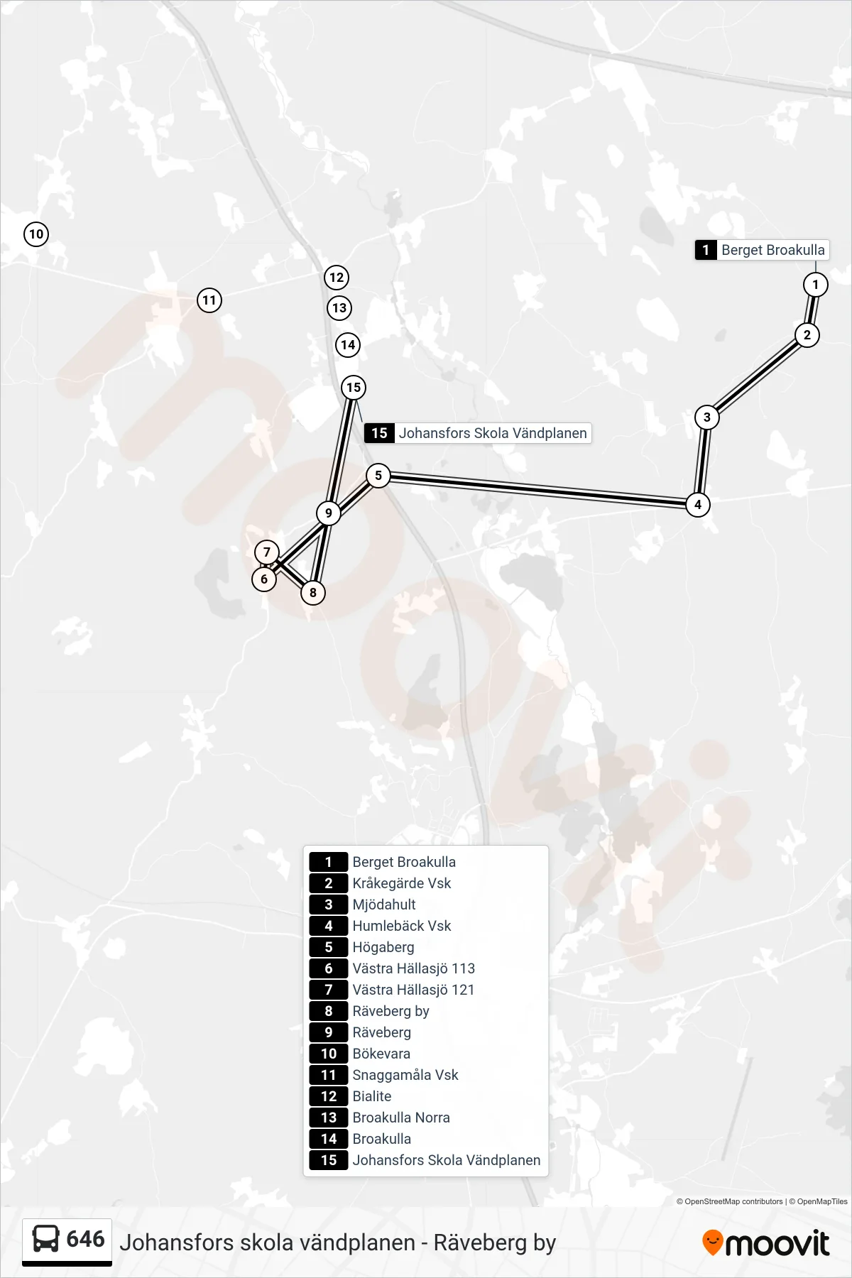 Rutt och hållplatser på karta för linje 646  spårvagn, (Johansfors Skola Vändplanen)