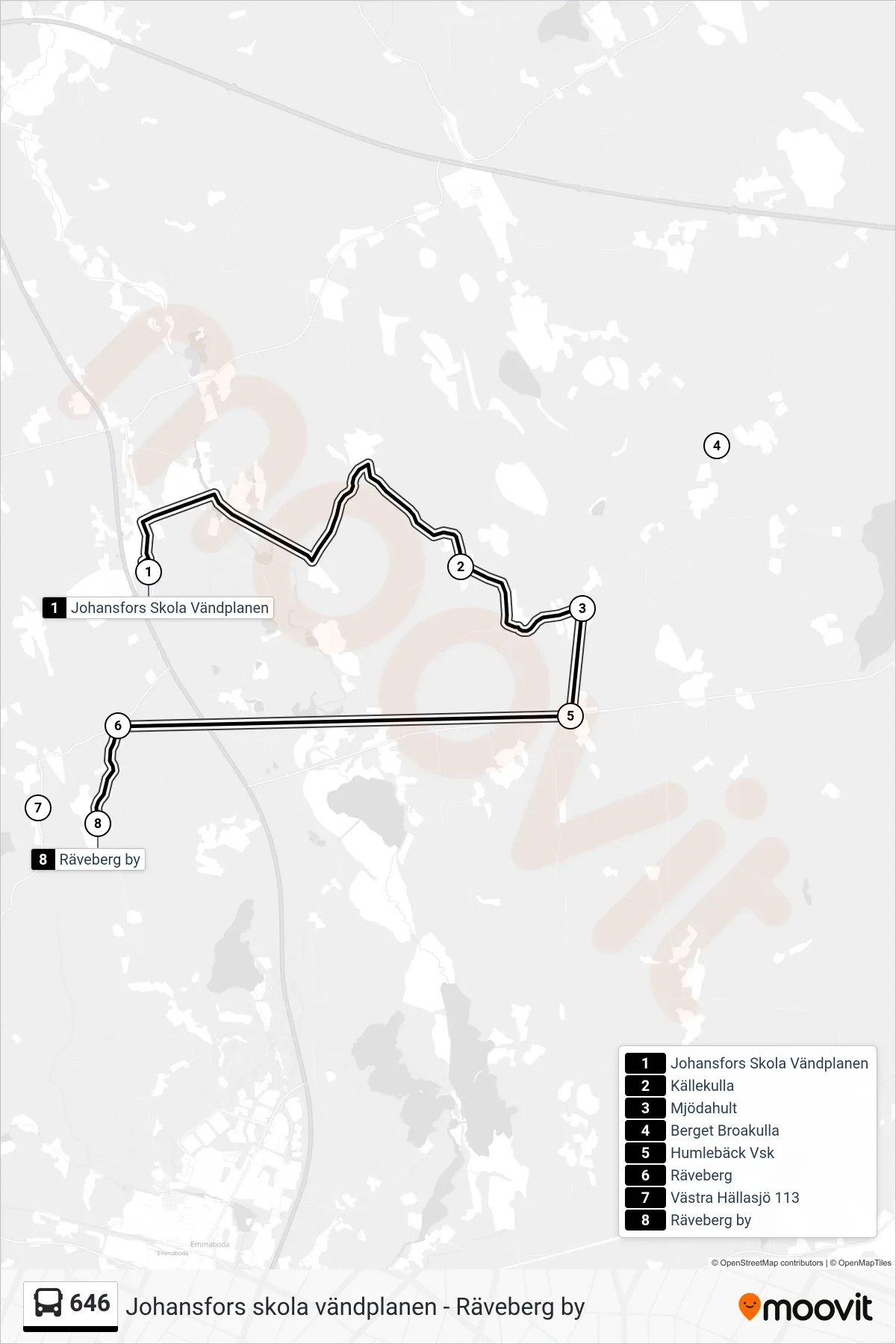 Rutt och hållplatser på karta för linje 646  spårvagn, (Räveberg by)