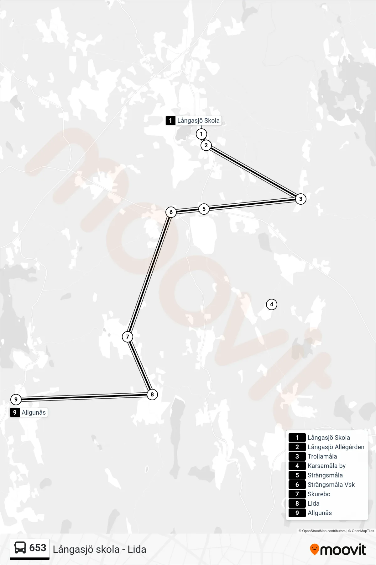 Rutt och hållplatser på karta för linje 653 spårvagn, (Allgunås)