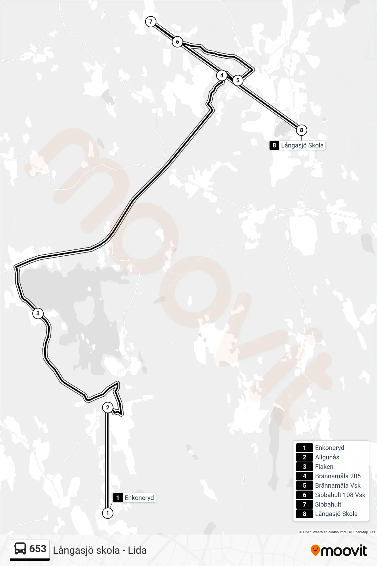 Rutt och hållplatser på karta för linje 653 spårvagn, (Långasjö Skola)
