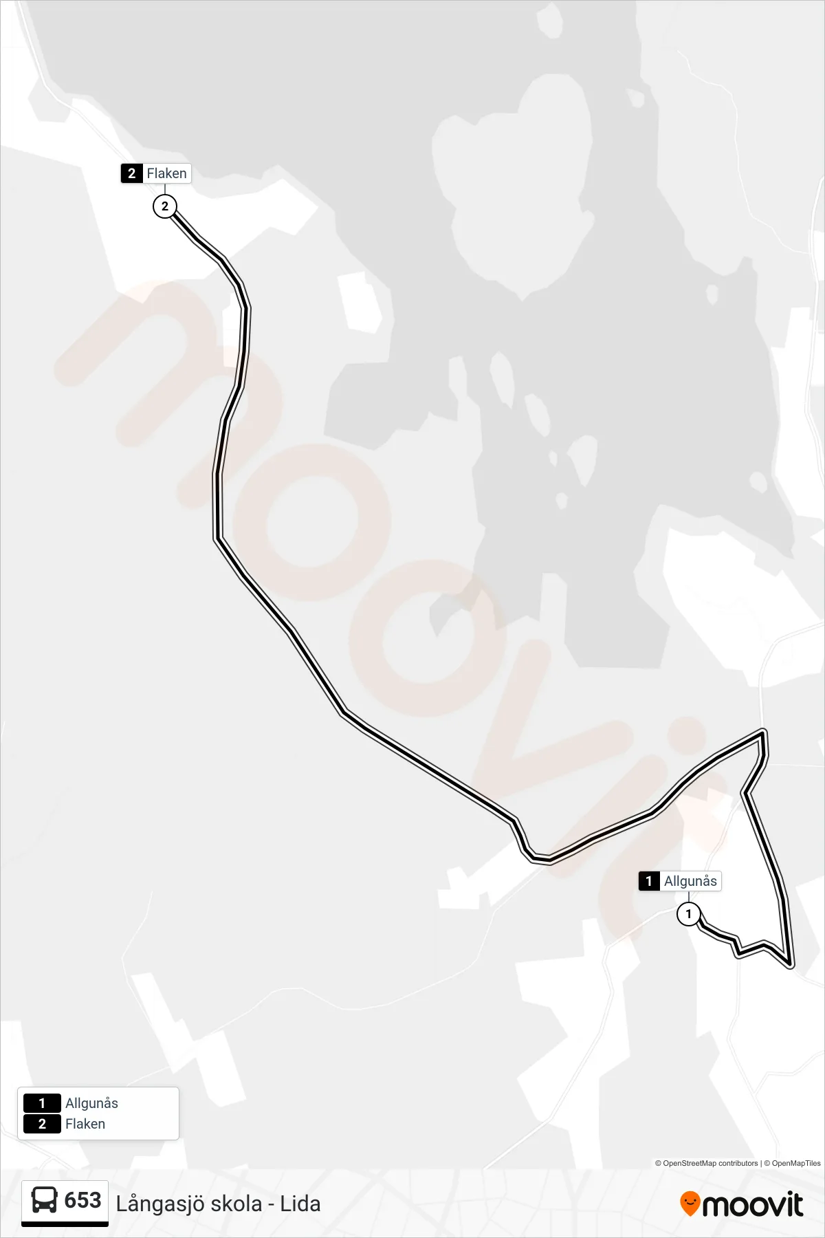 Rutt och hållplatser på karta för linje 653  spårvagn, (Flaken)