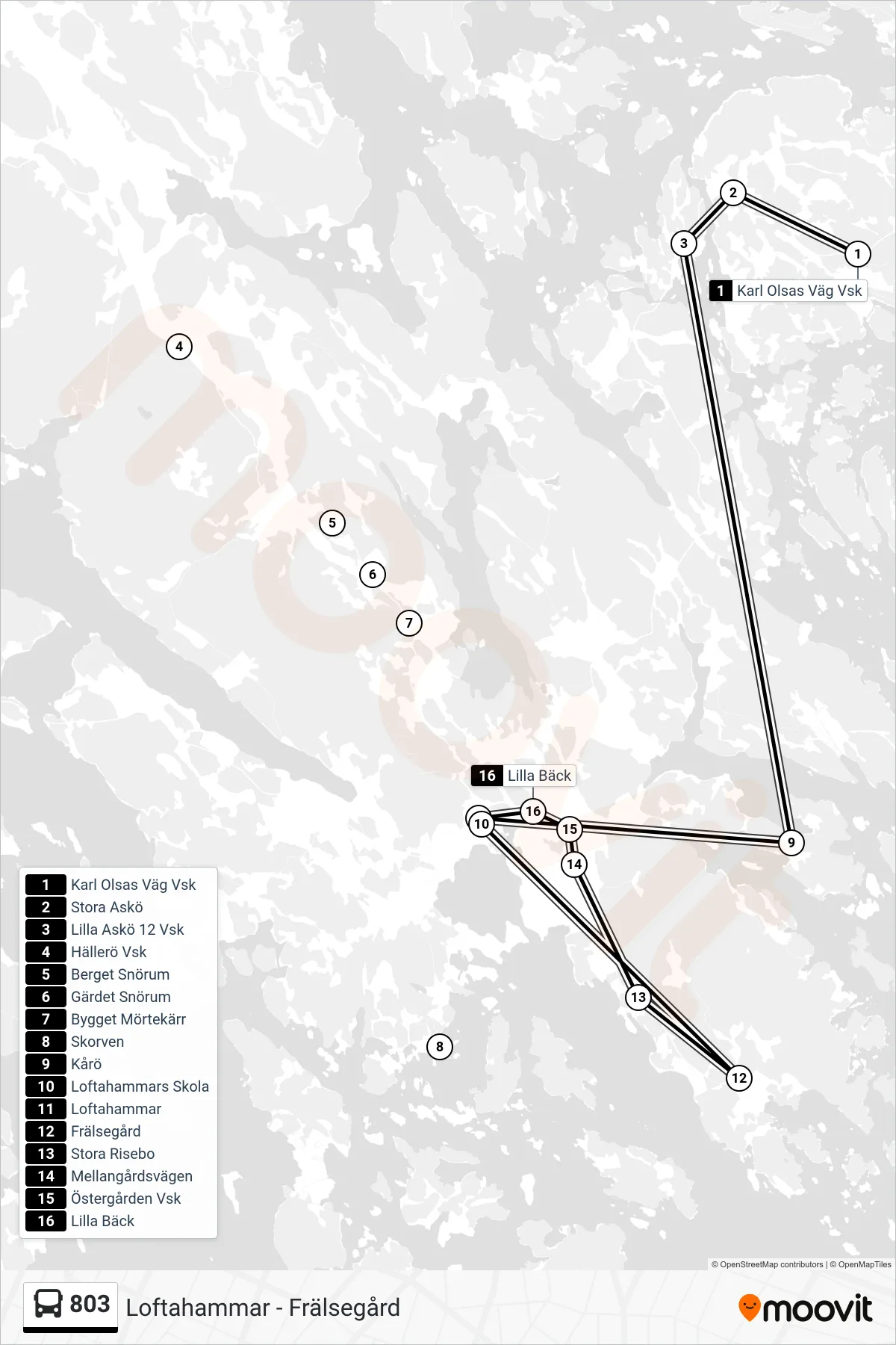 Rutt och hållplatser på karta för linje 803 spårvagn, (Loftahammars Skola)