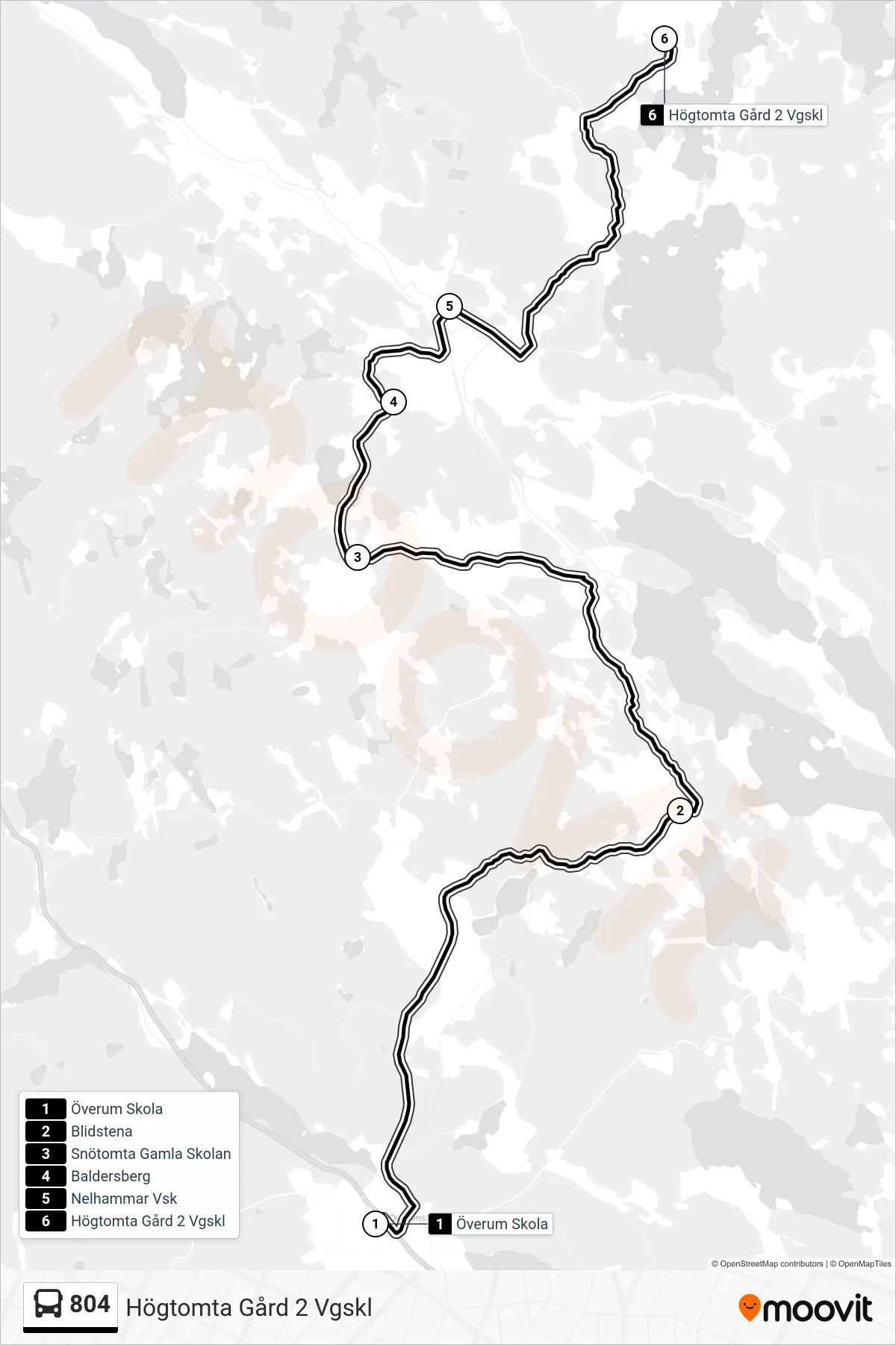 Rutt och hållplatser på karta för linje 804  spårvagn, (Högtomta Gård 2 Vgskl)