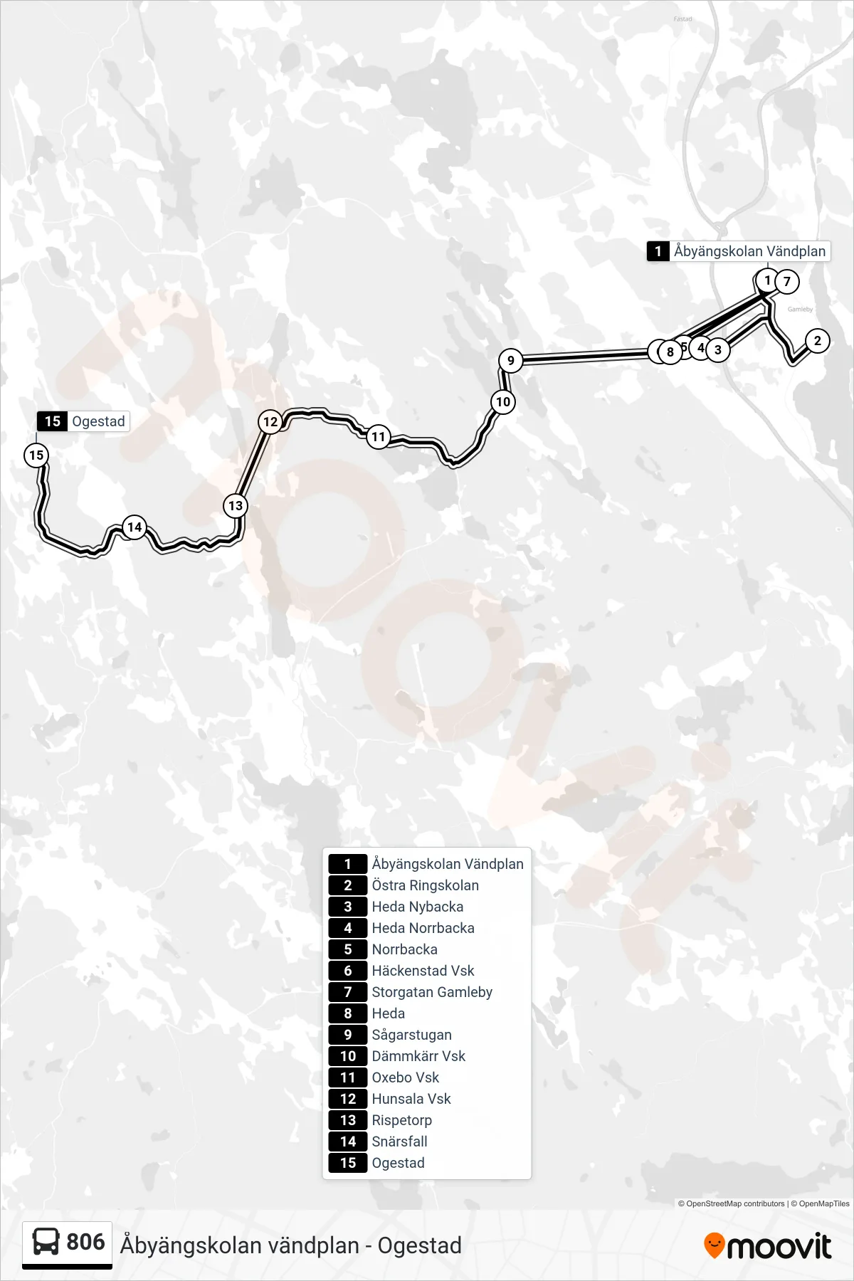Rutt och hållplatser på karta för linje 806 spårvagn, (Ogestad)
