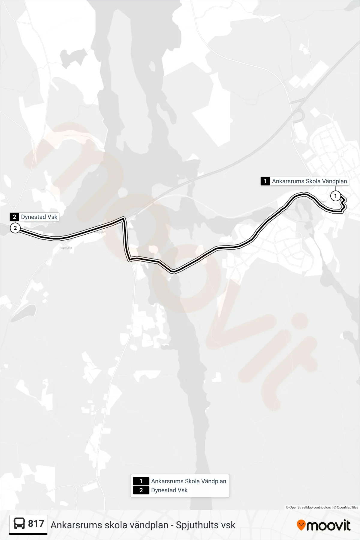 Rutt och hållplatser på karta för linje 817  spårvagn, (Dynestad Vsk)