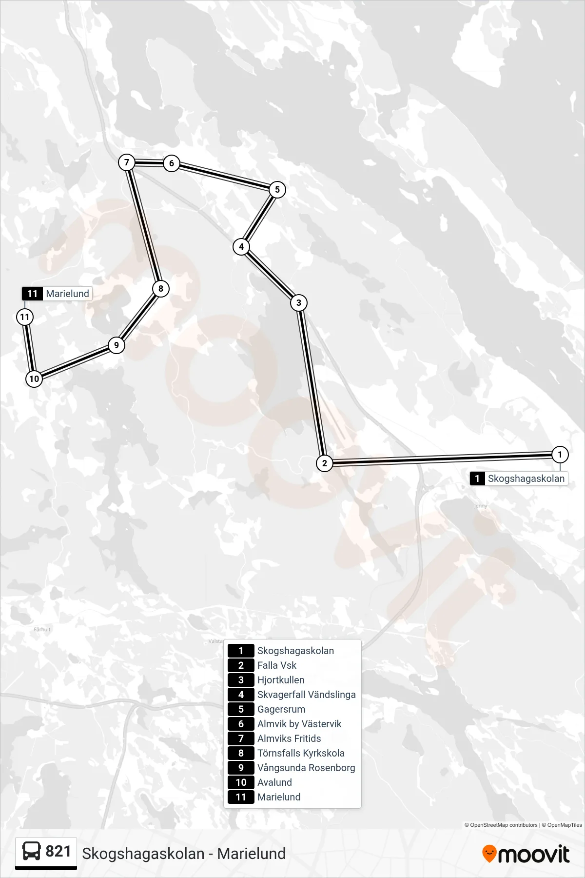 Rutt och hållplatser på karta för linje 821  spårvagn, (Marielund)
