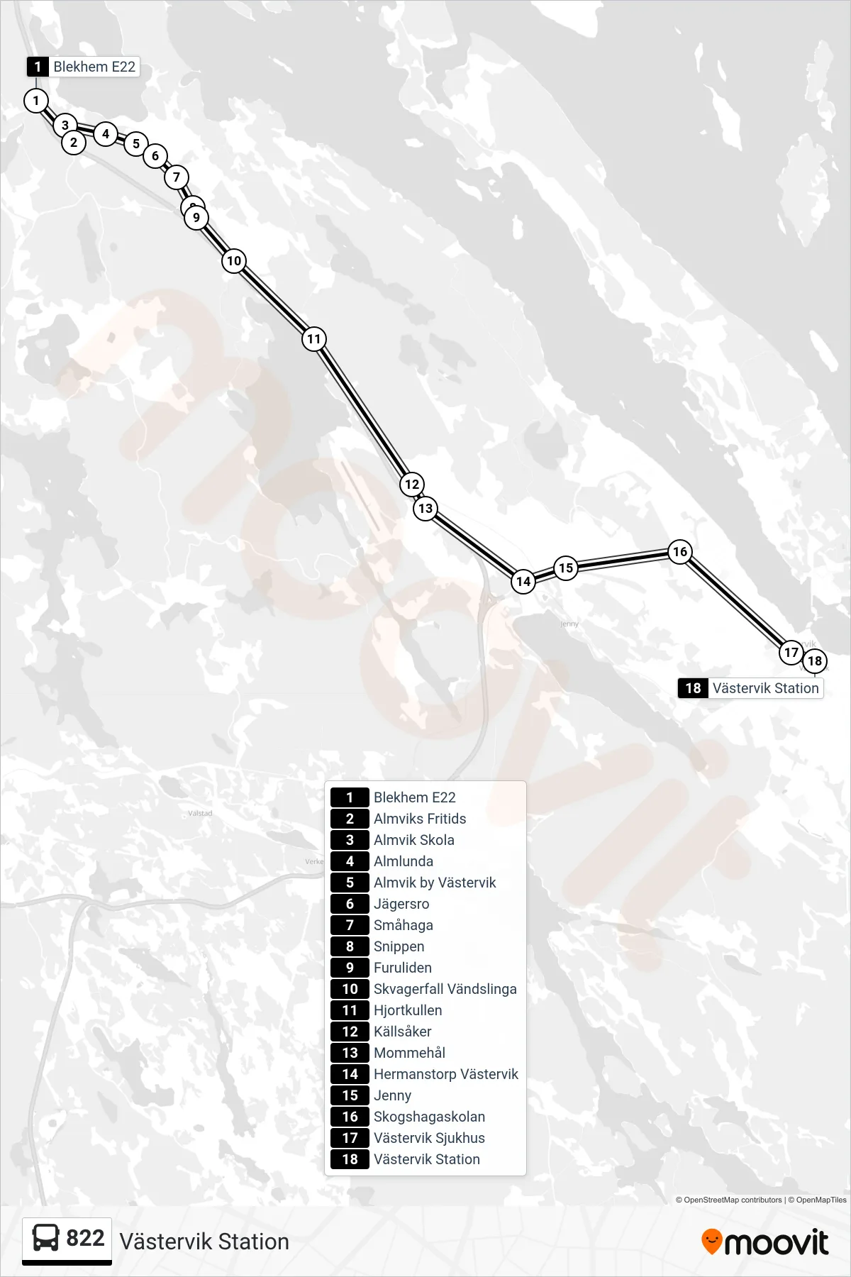 Rutt och hållplatser på karta för linje 822  spårvagn, (Västervik Station)