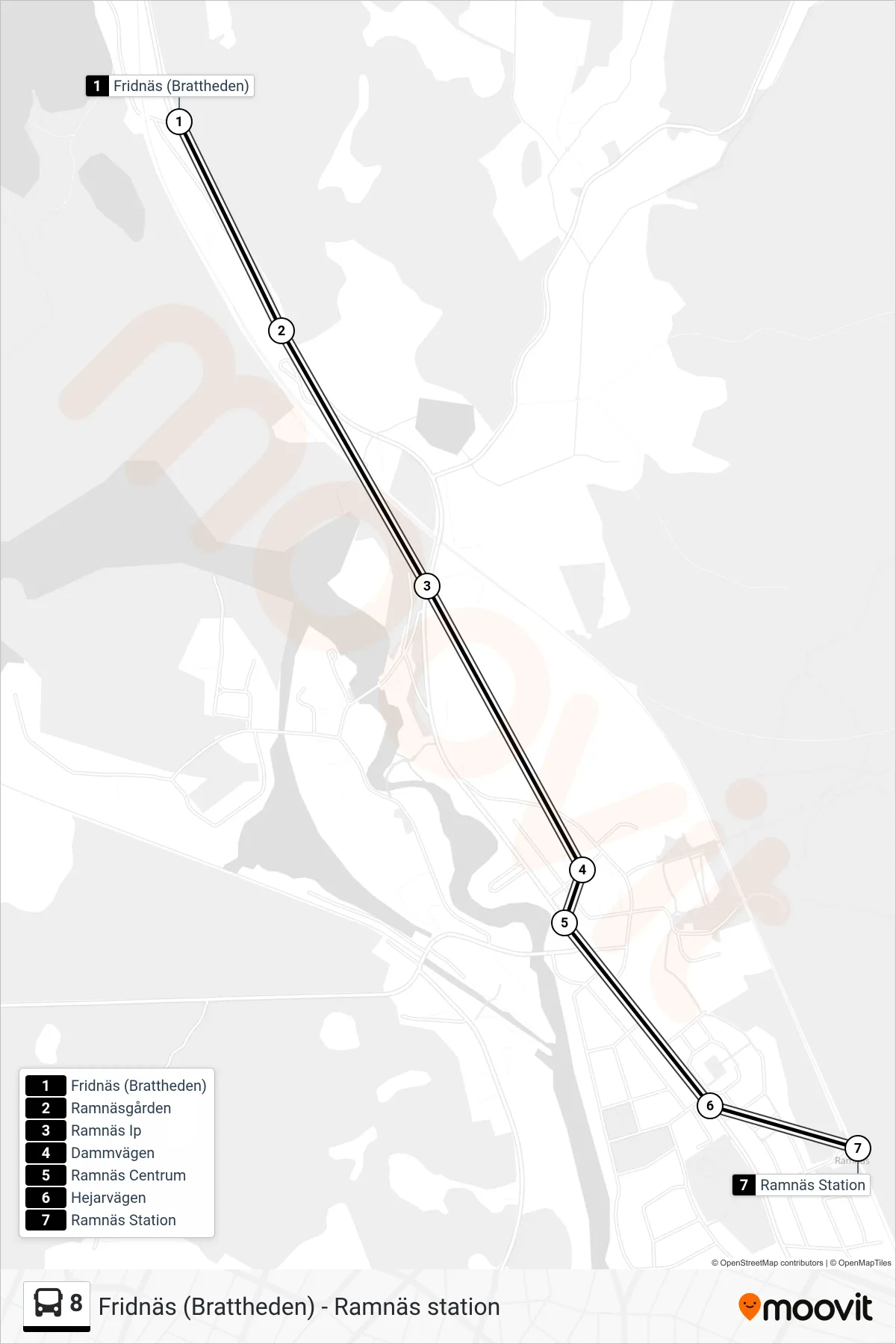 Rutt och hållplatser på karta för linje 8 spårvagn, (Ramnäs Station)
