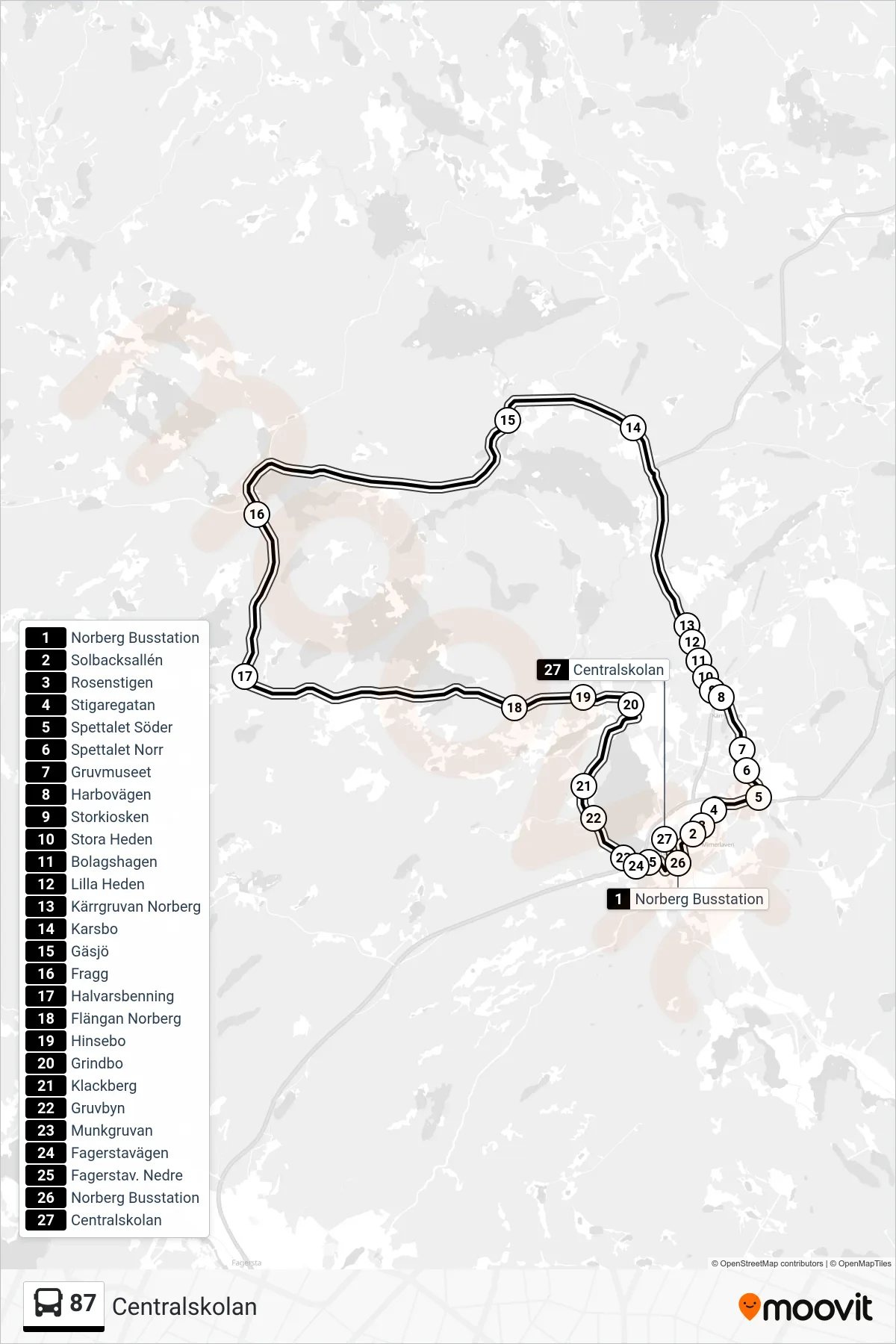 Rutt och hållplatser på karta för linje 87 spårvagn, (Centralskolan)