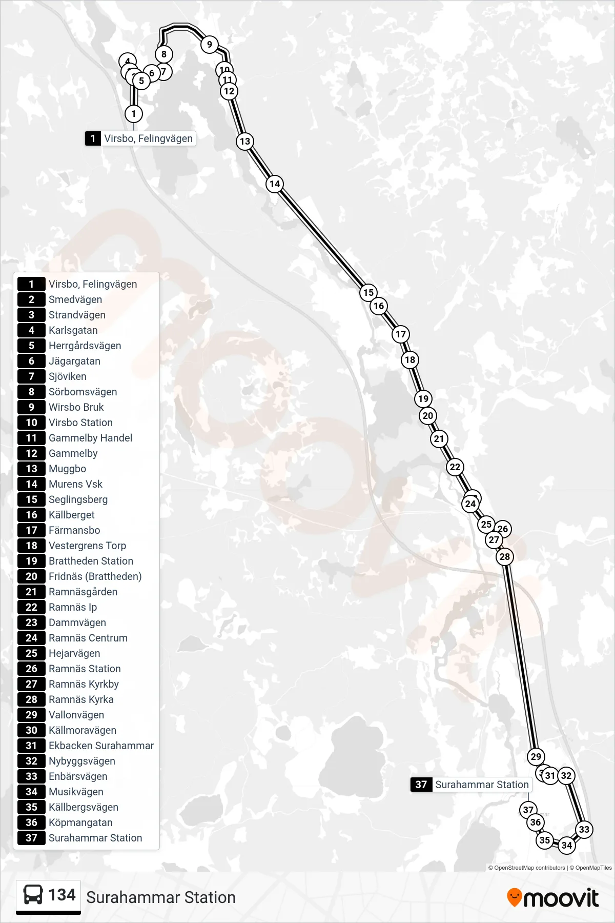 Rutt och hållplatser på karta för linje 134 spårvagn, (Surahammar Station)