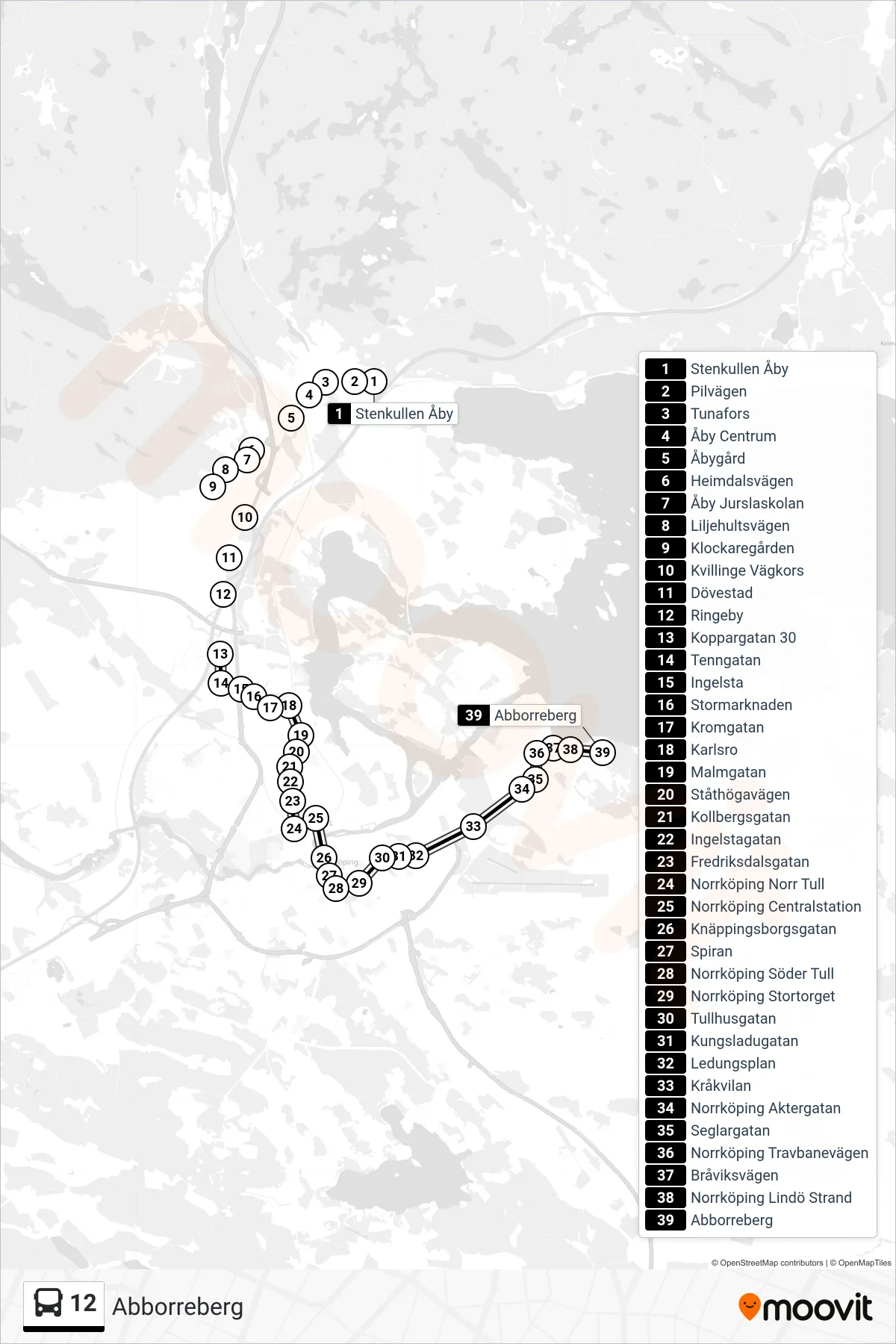Rutt och hållplatser på karta för linje 12 spårvagn, (Abborreberg)