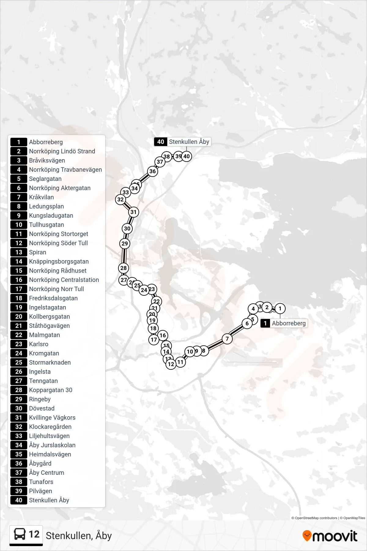 Rutt och hållplatser på karta för linje 12 spårvagn, (Stenkullen, Åby)