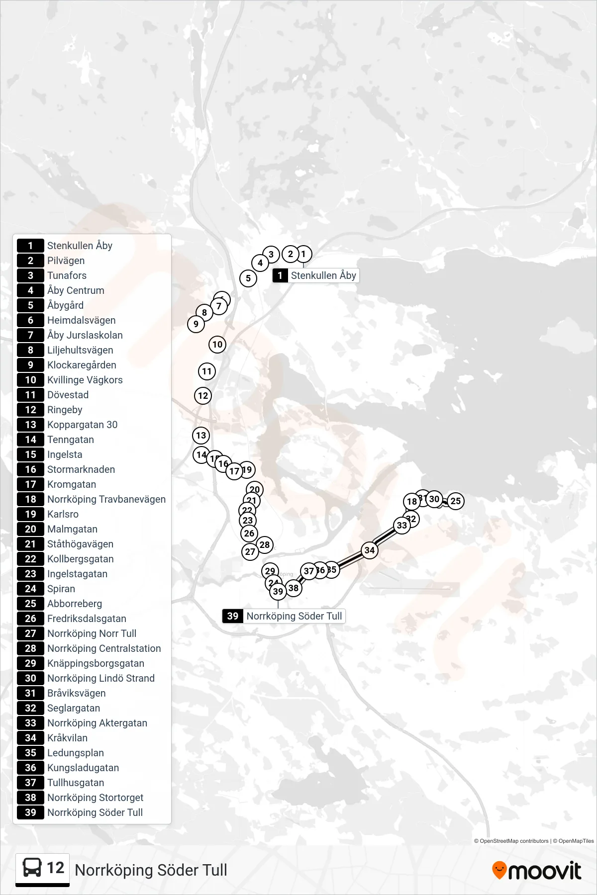 Rutt och hållplatser på karta för linje 12 spårvagn, (Norrköping Söder Tull)