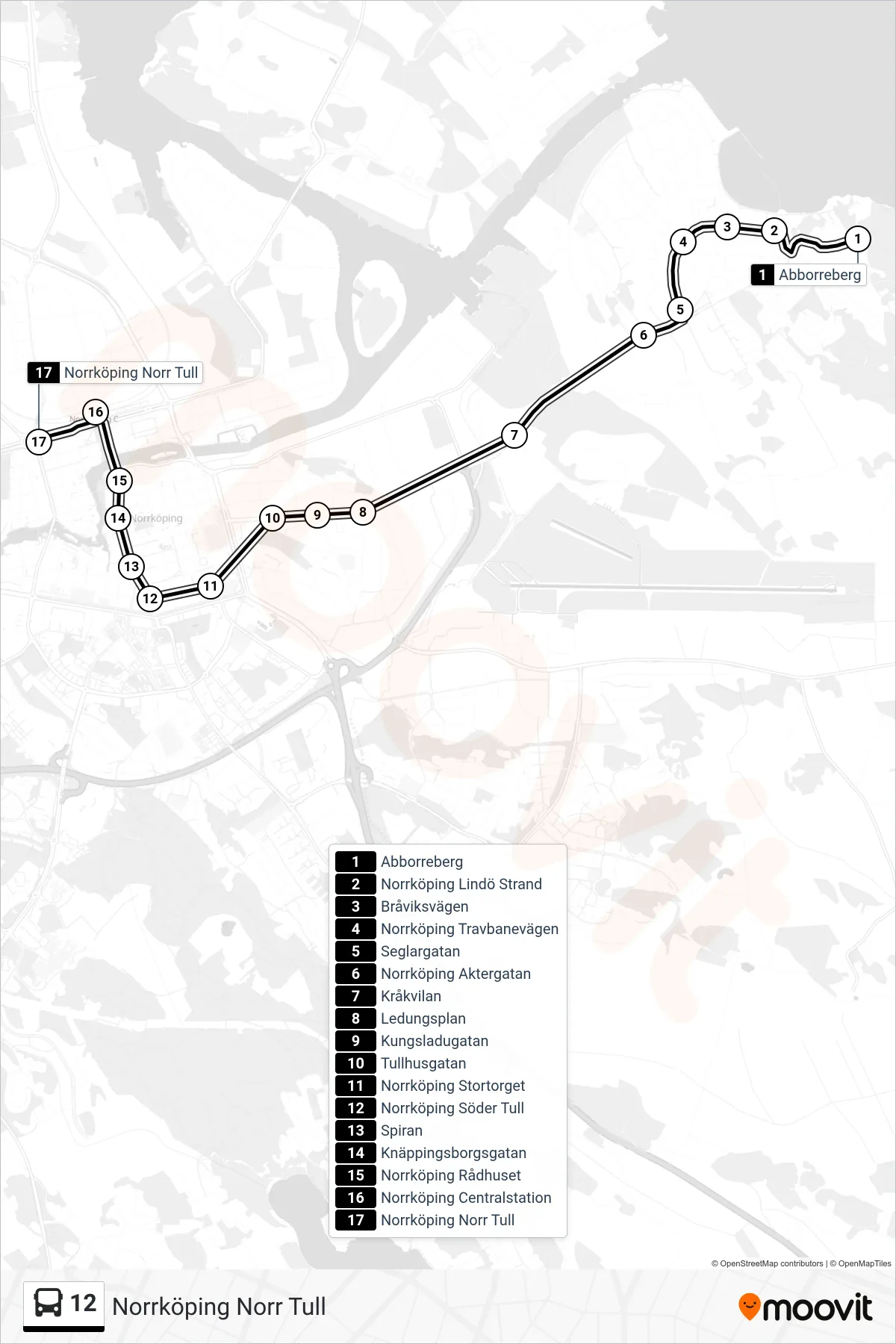 Rutt och hållplatser på karta för linje 12 spårvagn, (Norrköping Norr Tull)
