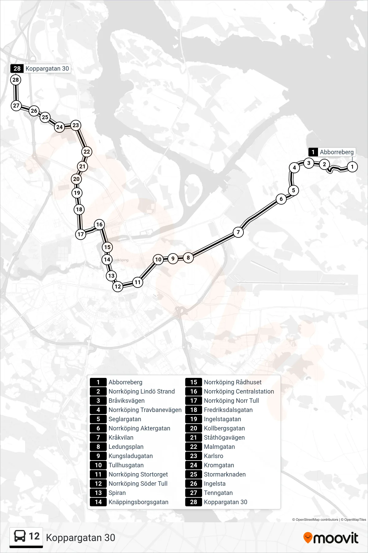 Rutt och hållplatser på karta för linje 12 spårvagn, (Koppargatan 30)