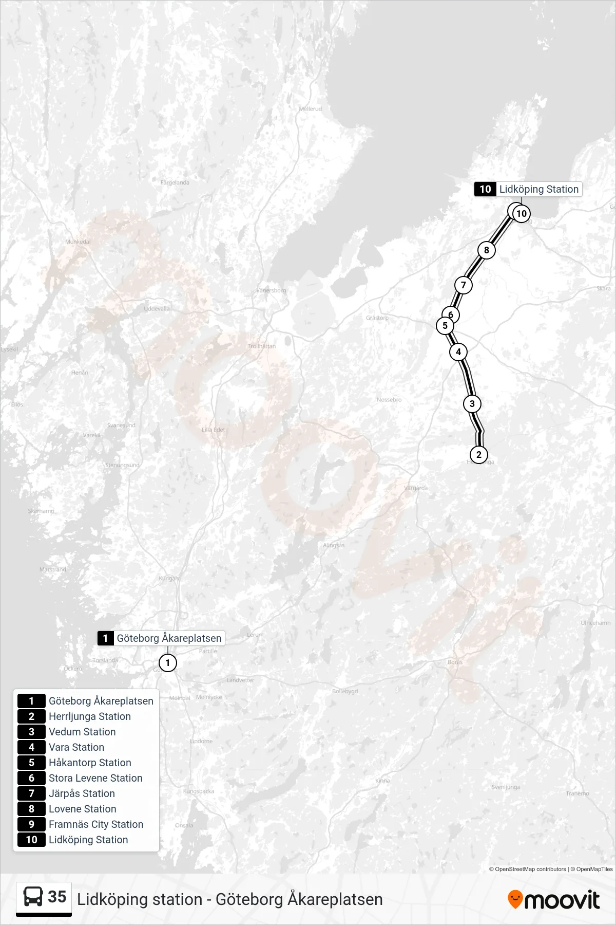 Rutt och hållplatser på karta för linje 35 spårvagn, (Lidköping Station)