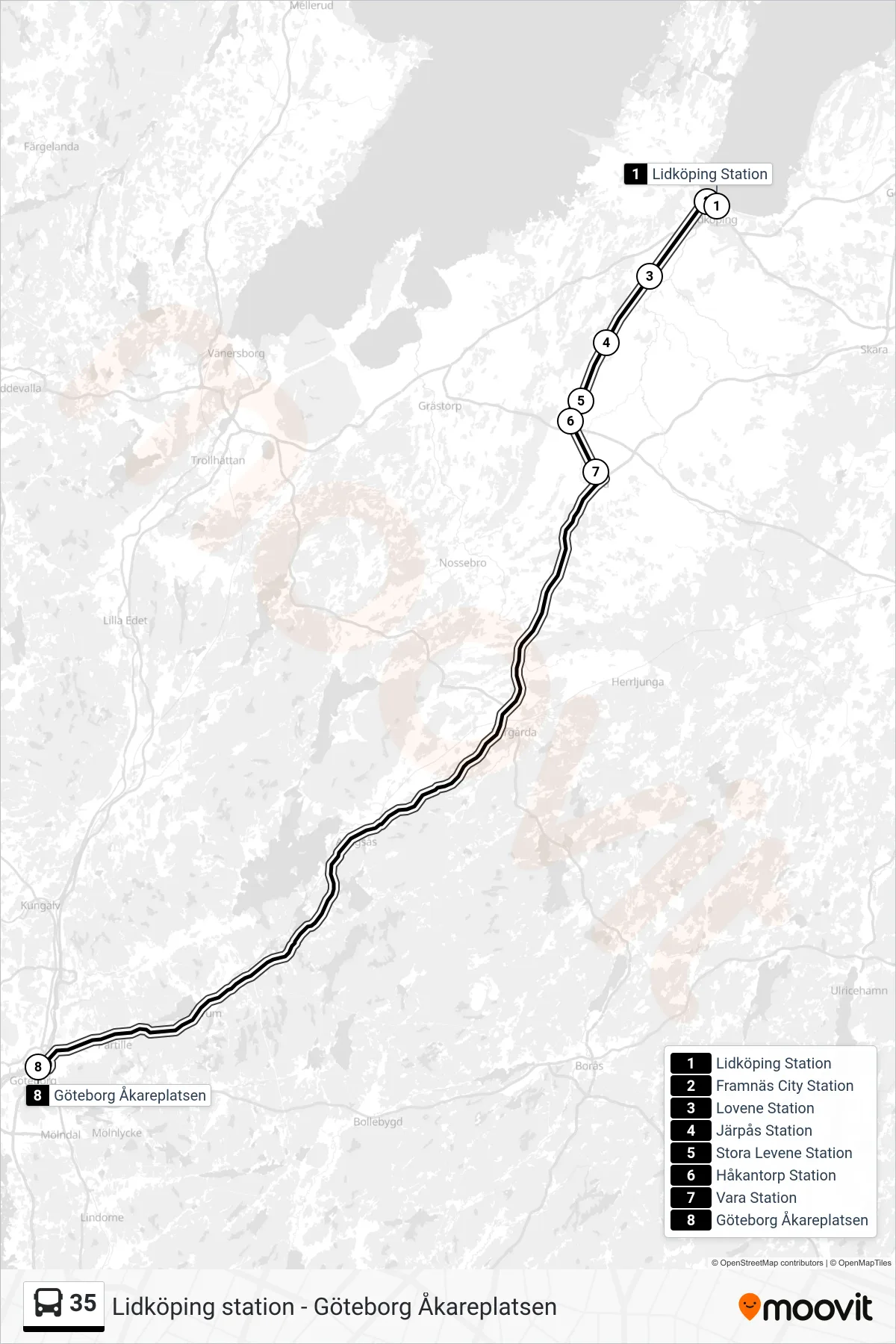 Rutt och hållplatser på karta för linje 35  spårvagn, (Göteborg Åkareplatsen)