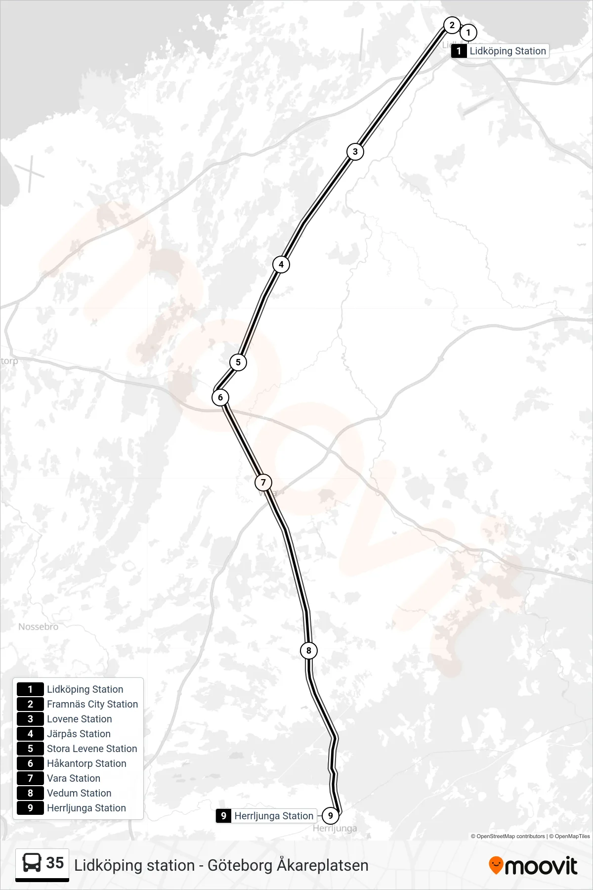 Rutt och hållplatser på karta för linje 35 spårvagn, (Herrljunga Station)