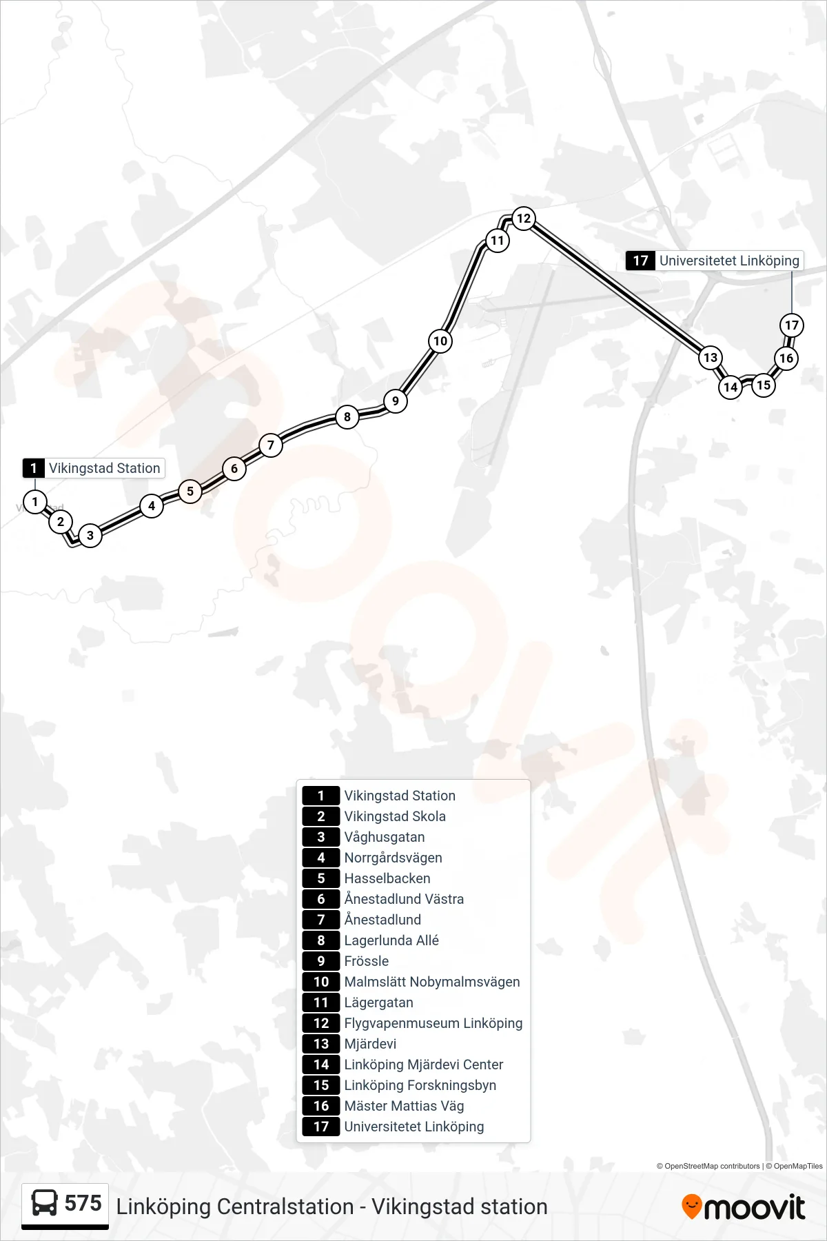 Rutt och hållplatser på karta för linje 575 spårvagn, (Universitetet Linköping)