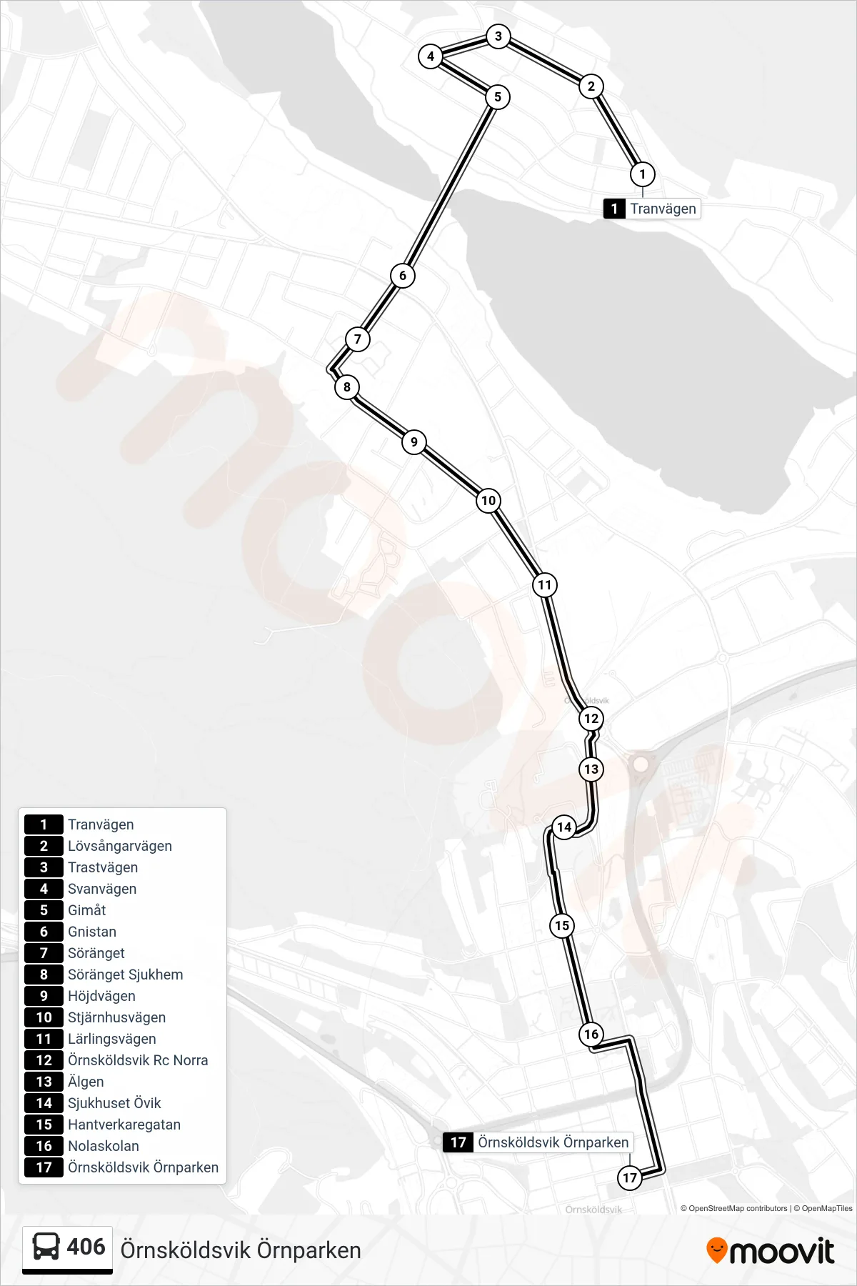 Rutt och hållplatser på karta för linje 406 spårvagn, (Örnsköldsvik Örnparken)
