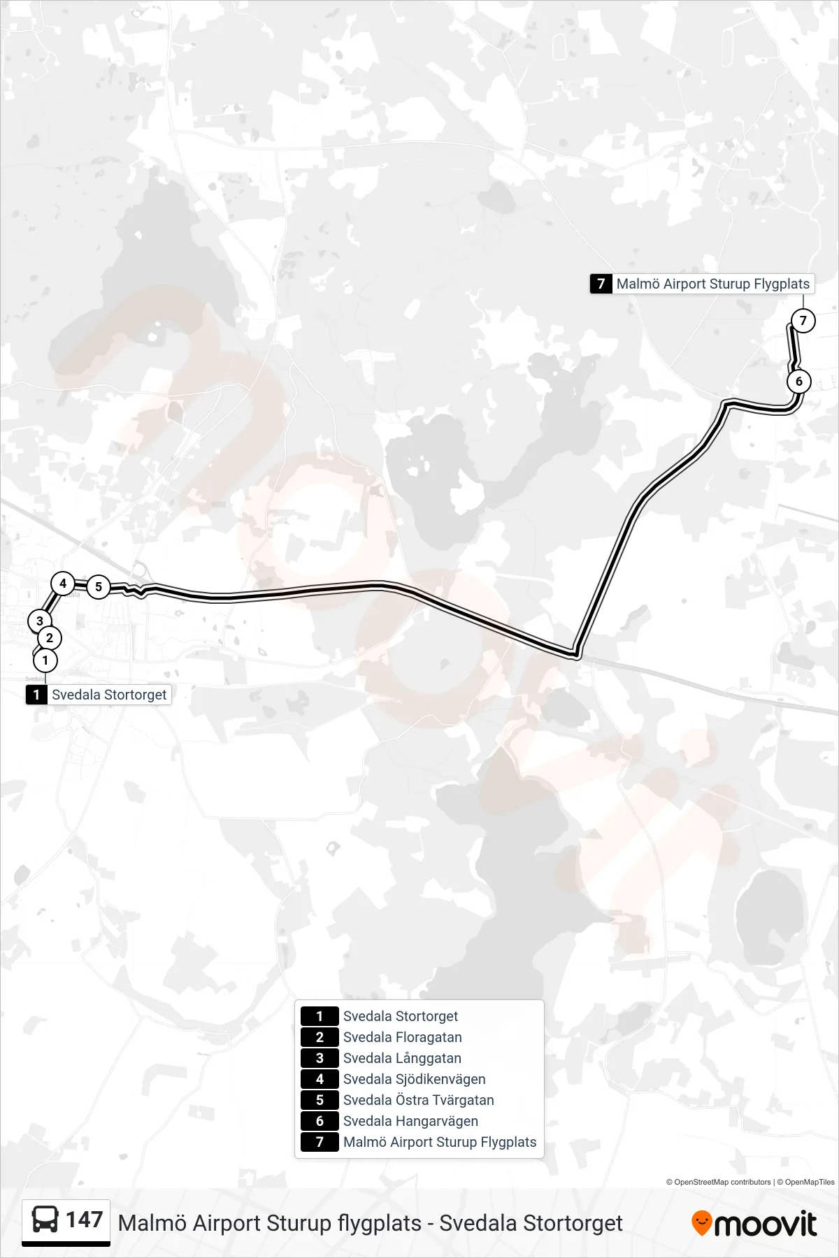 Rutt och hållplatser på karta för linje 147 spårvagn, (Malmö Airport Sturup Flygplats)