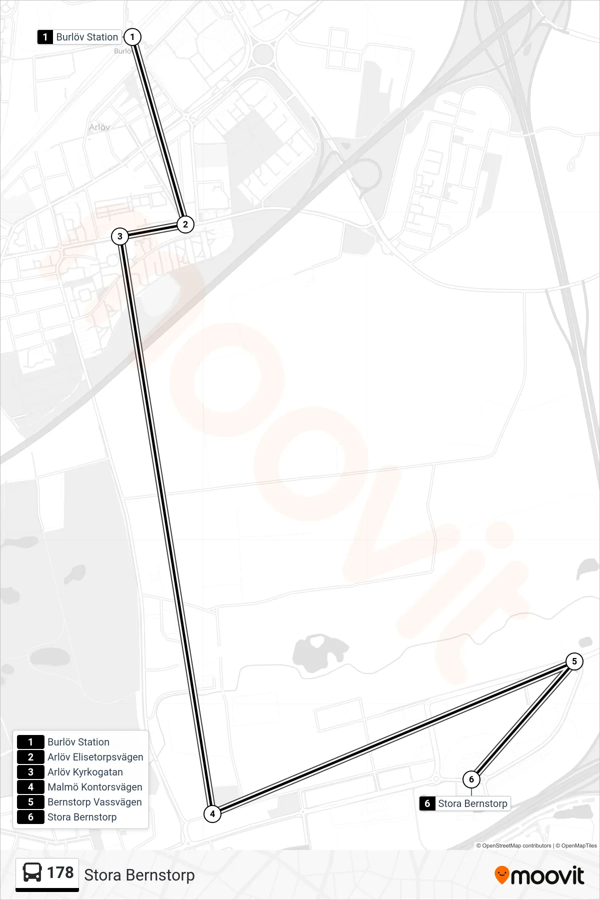 Rutt och hållplatser på karta för linje 178 spårvagn, (Stora Bernstorp)