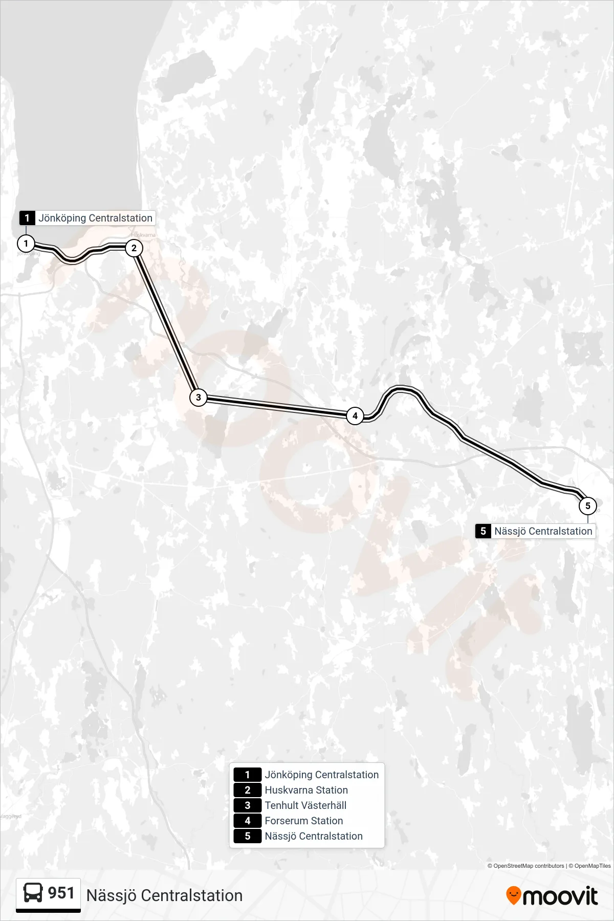 Rutt och hållplatser på karta för linje 951  spårvagn, (Nässjö Centralstation)