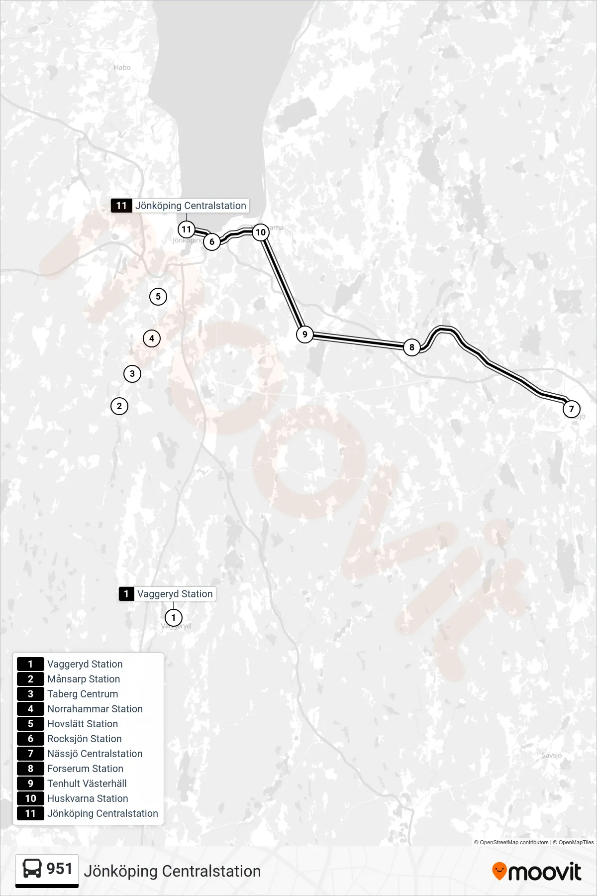 Rutt och hållplatser på karta för linje 951 spårvagn, (Jönköping Centralstation)