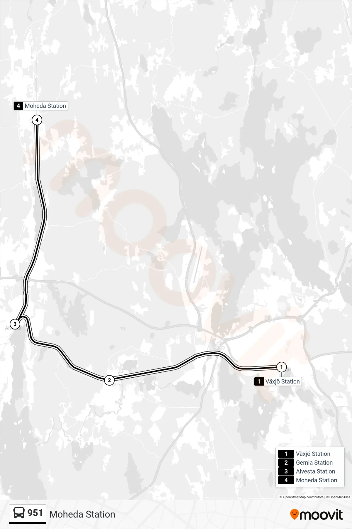 Rutt och hållplatser på karta för linje 951  spårvagn, (Moheda Station)