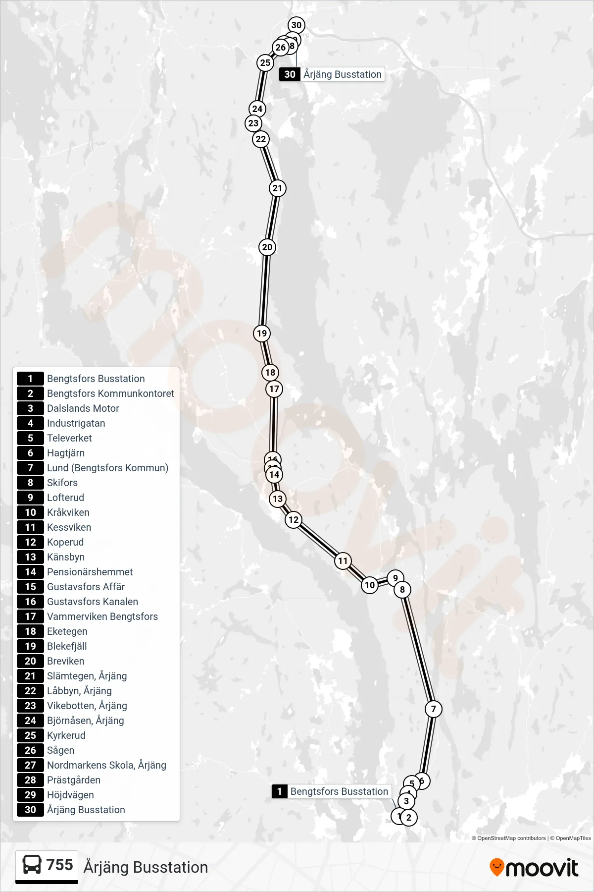 Rutt och hållplatser på karta för linje 755 spårvagn, (Årjäng Busstation)