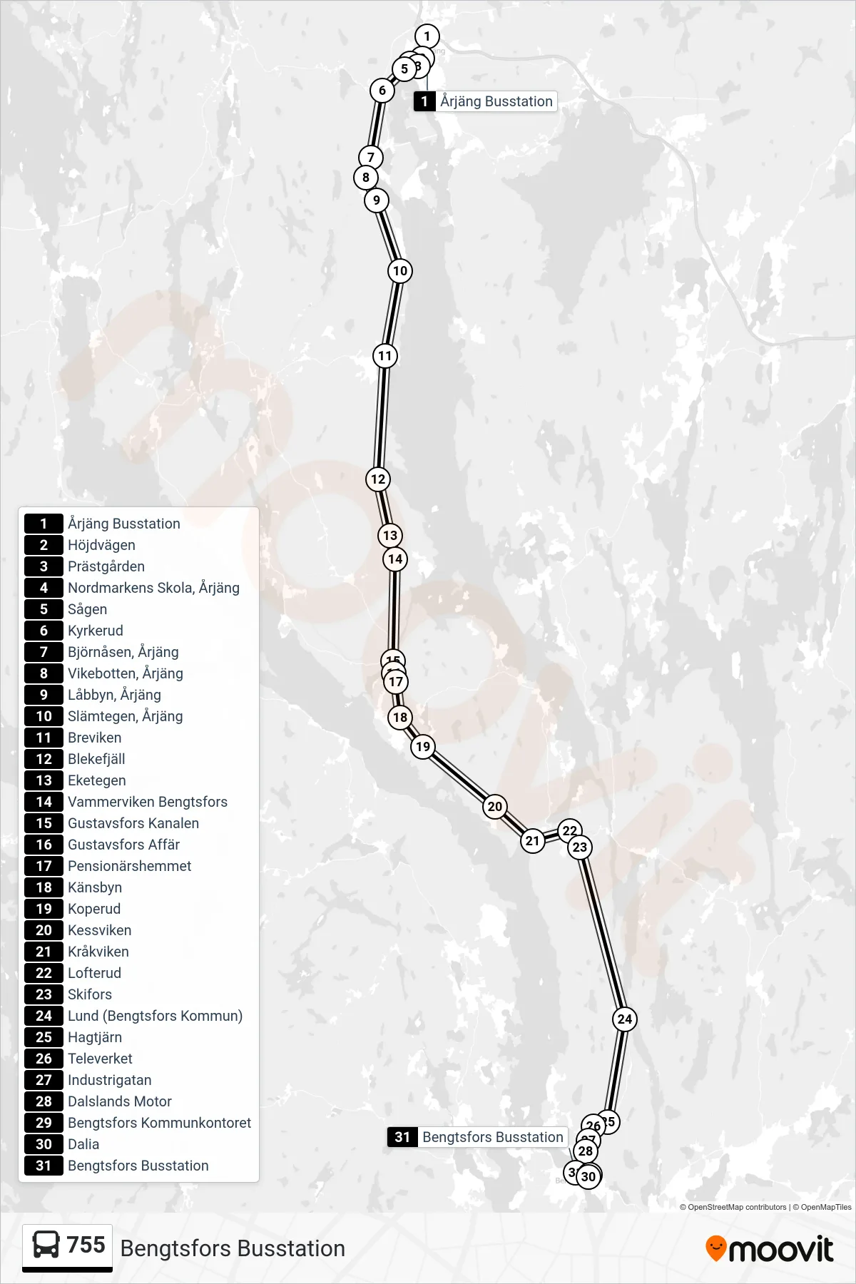 Rutt och hållplatser på karta för linje 755  spårvagn, (Bengtsfors Busstation)