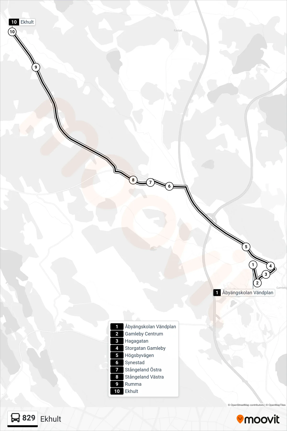 Rutt och hållplatser på karta för linje 829 spårvagn, (Ekhult)