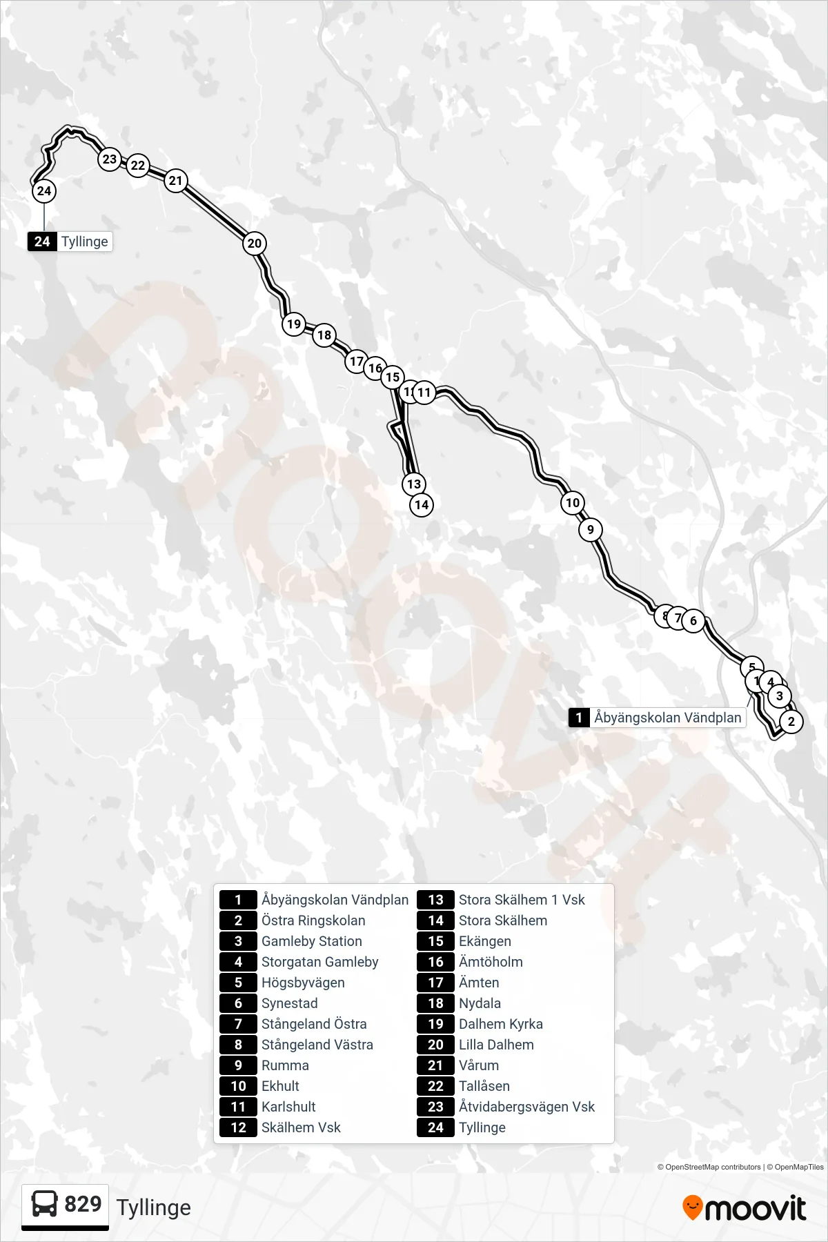 Rutt och hållplatser på karta för linje 829 spårvagn, (Tyllinge)