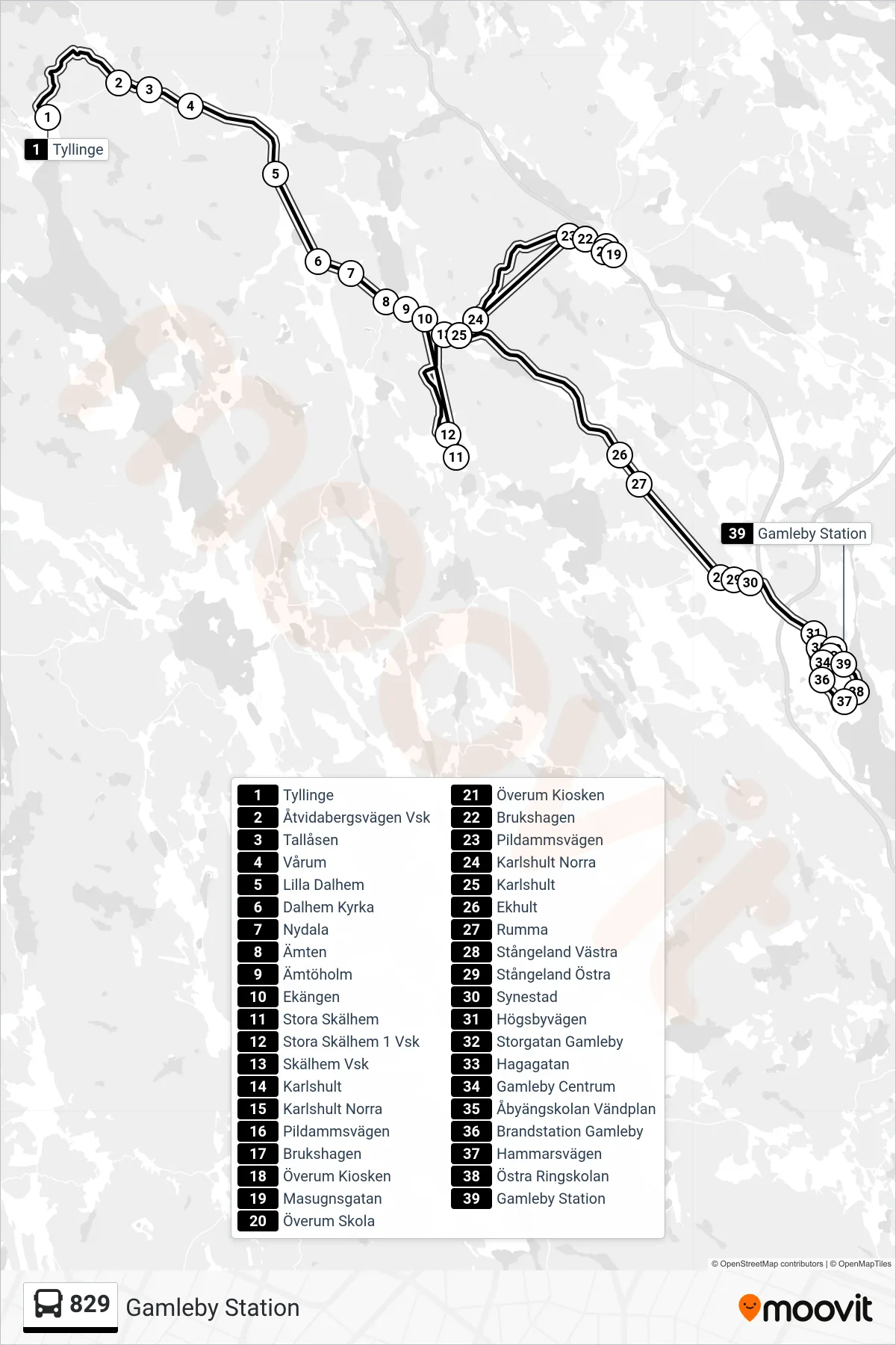 Rutt och hållplatser på karta för linje 829  spårvagn, (Gamleby Station)