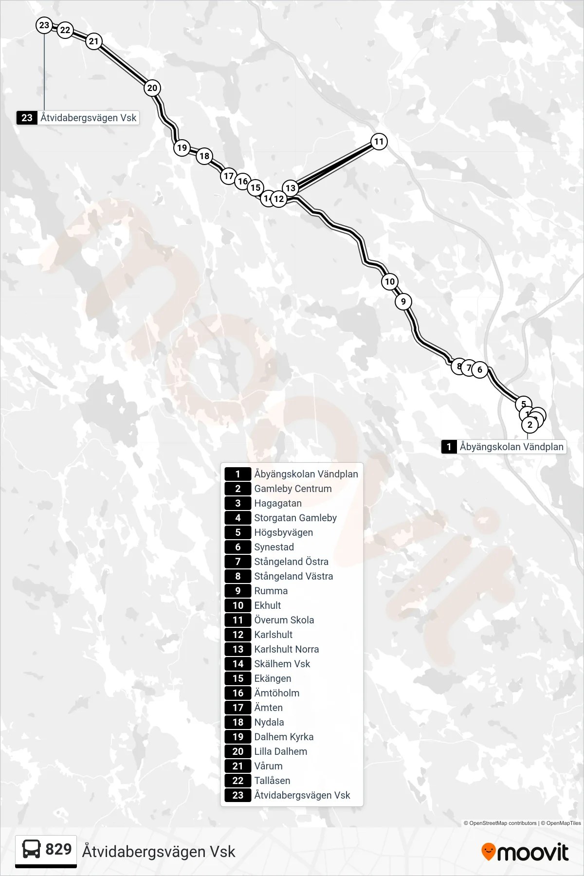Rutt och hållplatser på karta för linje 829 spårvagn, (Åtvidabergsvägen Vsk)