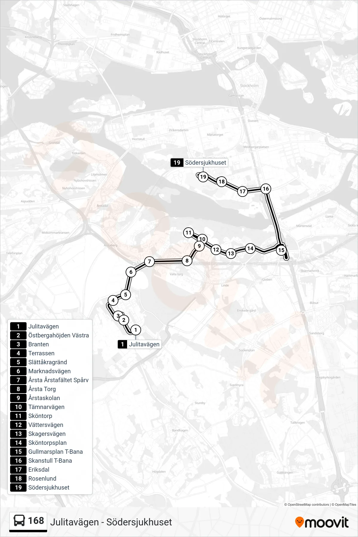 Rutt och hållplatser på karta för linje 168 buss, (Södersjukhuset)