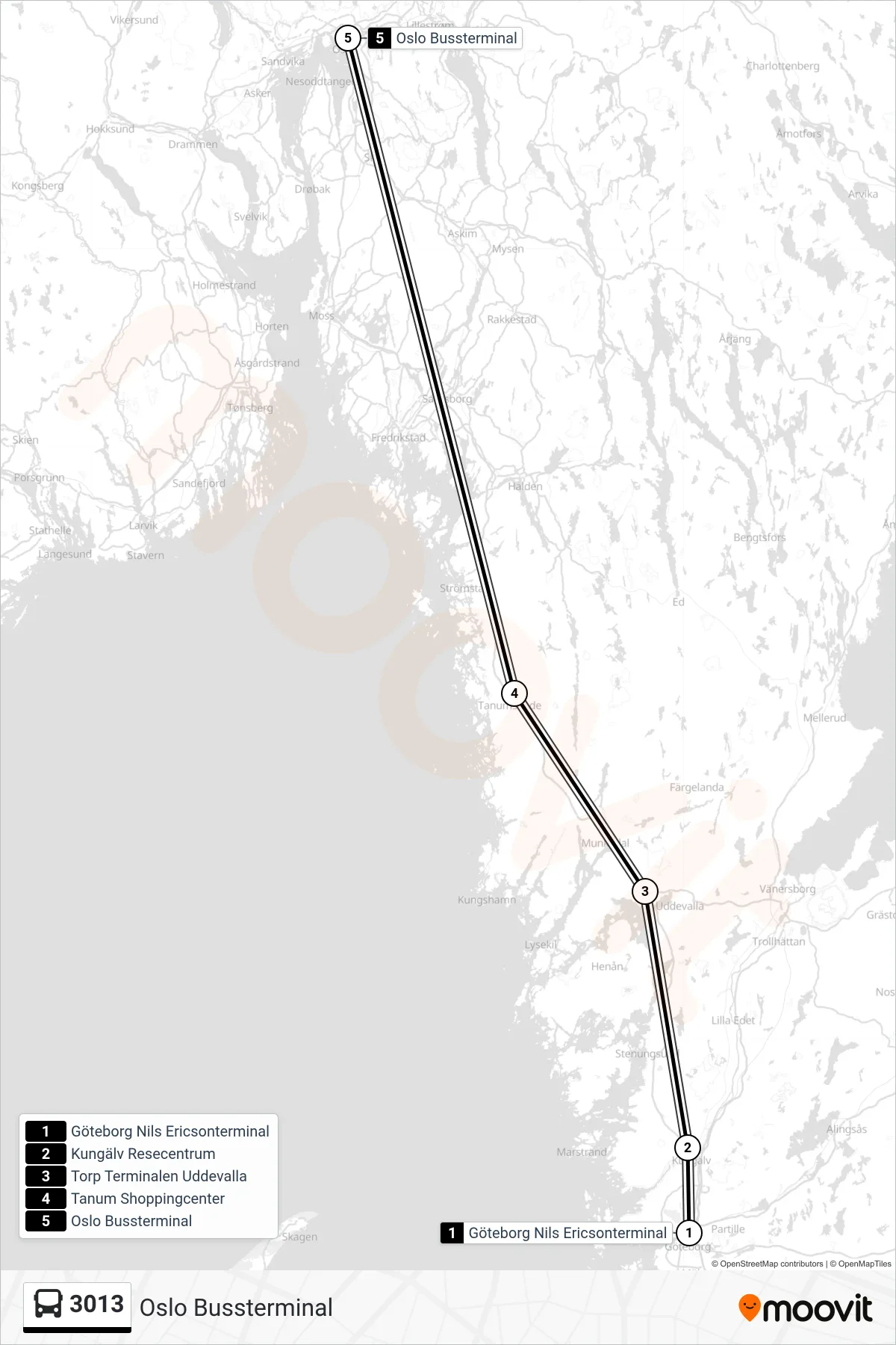 Rutt och hållplatser på karta för linje 3013 spårvagn, (Oslo Bussterminal)