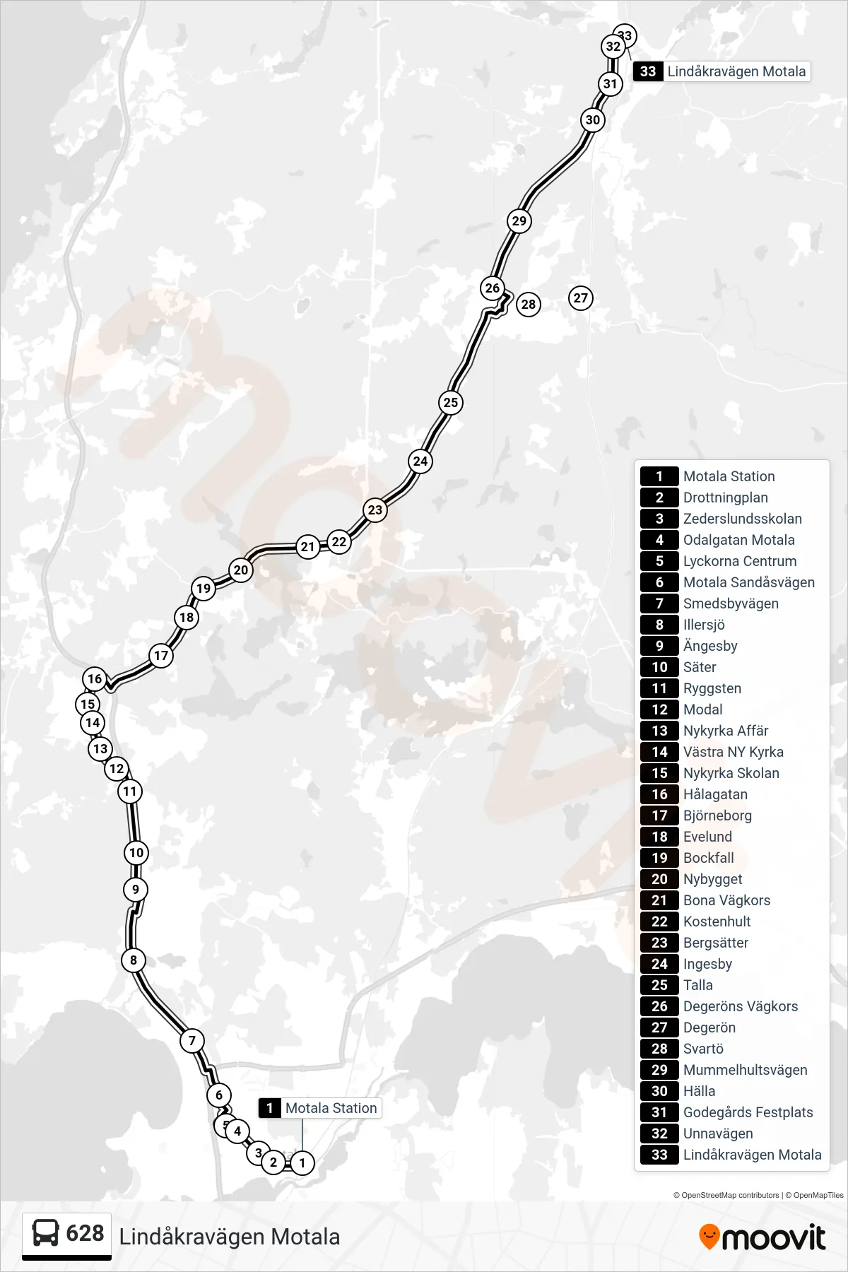 Rutt och hållplatser på karta för linje 628 spårvagn, (Lindåkravägen Motala)
