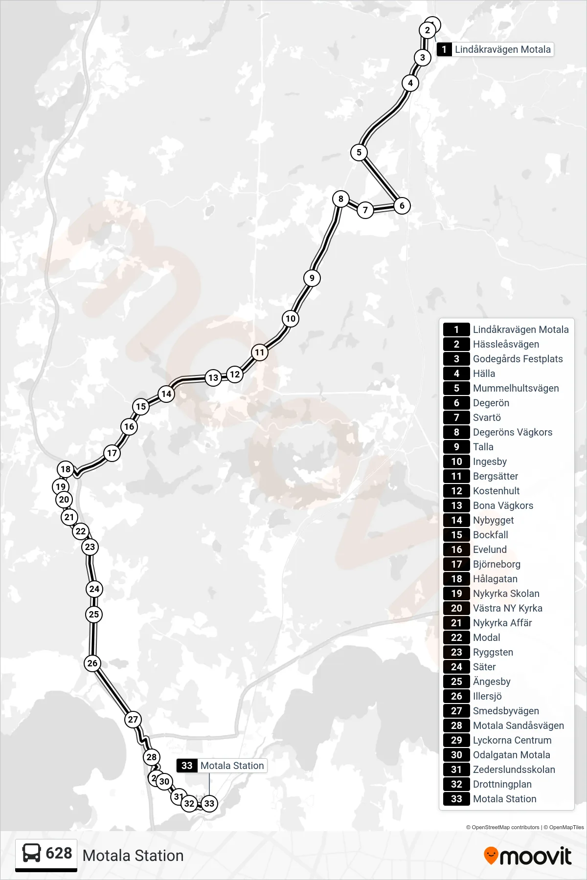 Rutt och hållplatser på karta för linje 628 spårvagn, (Motala Station)