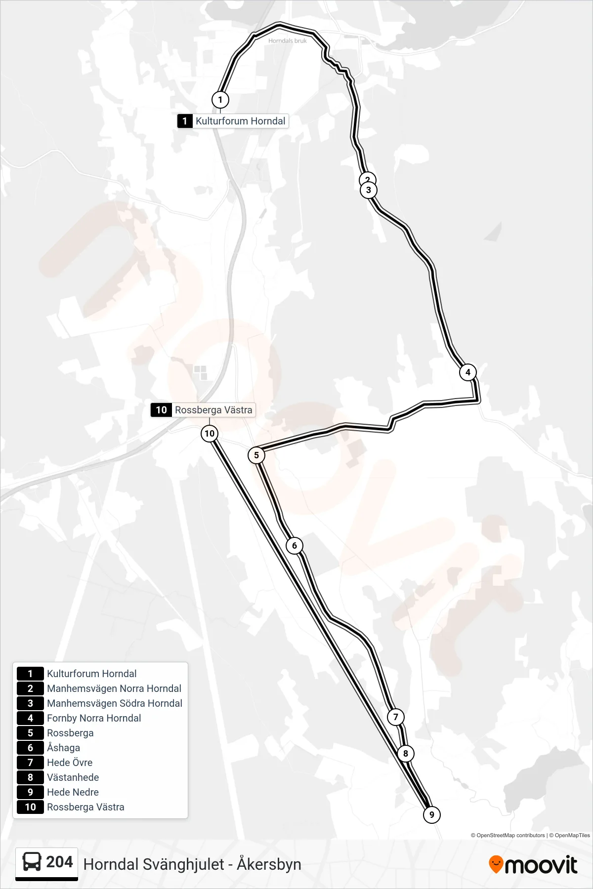 Rutt och hållplatser på karta för linje 204  spårvagn, (Rossberga Västra)