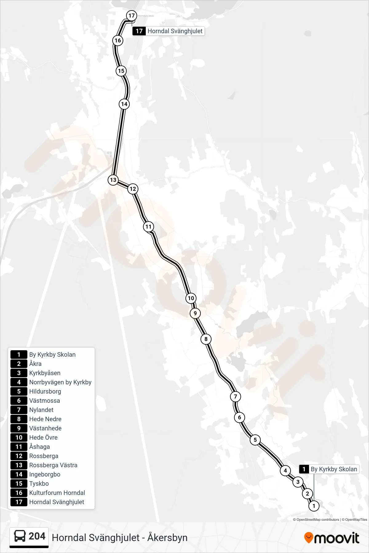 Rutt och hållplatser på karta för linje 204 spårvagn, (Horndal Svänghjulet)