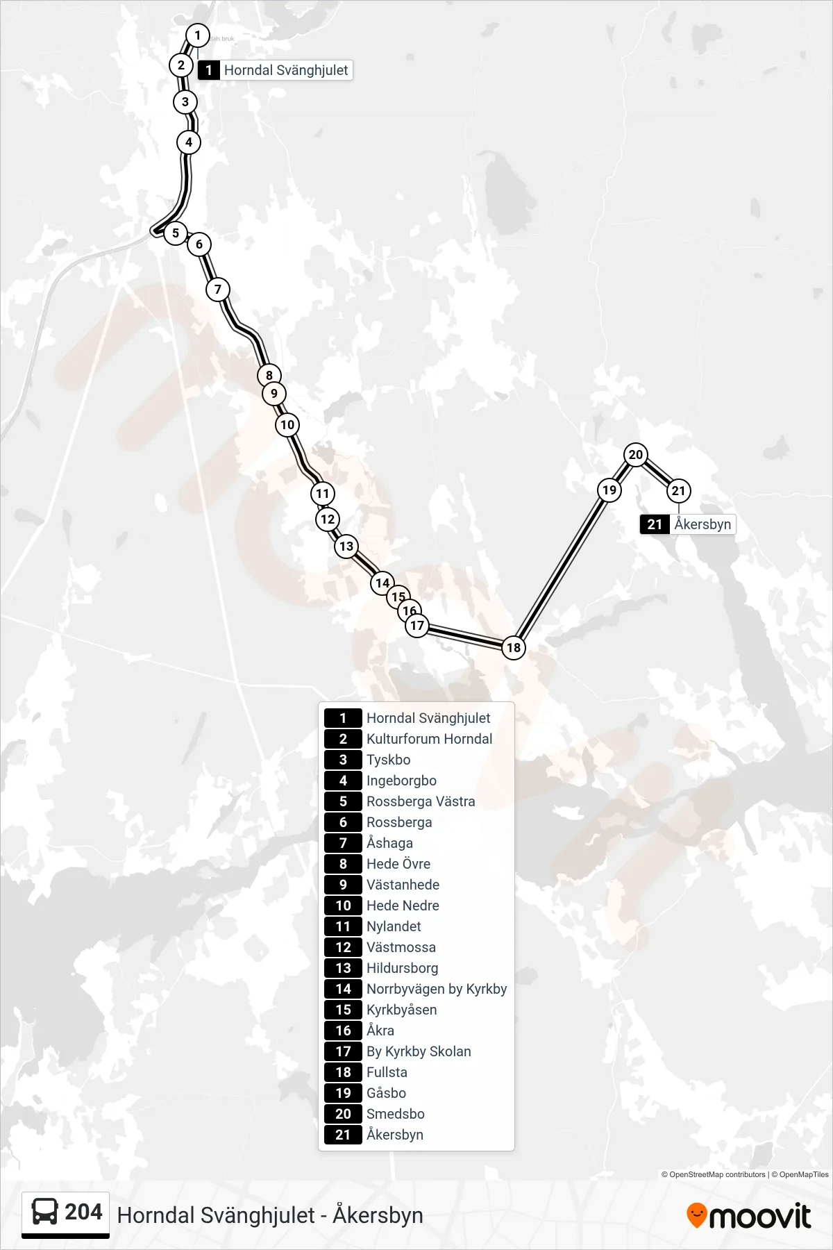 Rutt och hållplatser på karta för linje 204  spårvagn, (Åkersbyn)