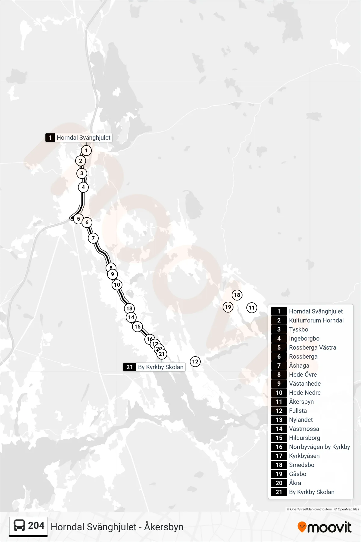 Rutt och hållplatser på karta för linje 204  spårvagn, (By Kyrkby Skolan)